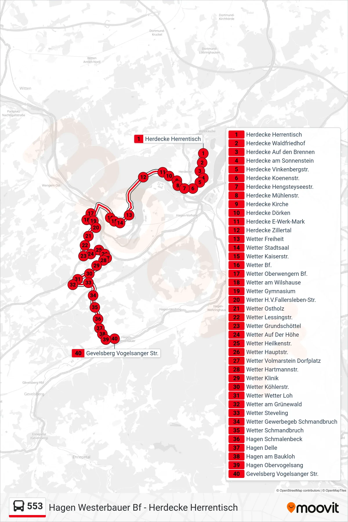 553 bus Line (Gevelsberg Vogelsanger Str.) route and stops on a map