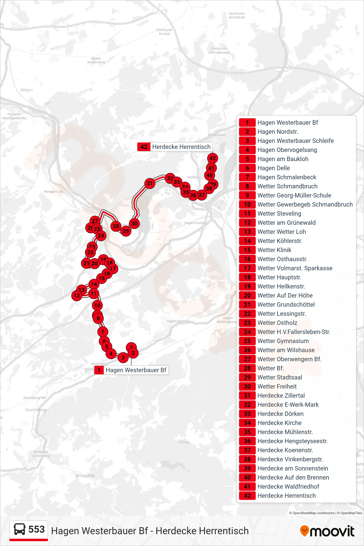 Linie 553 (Bus) Richtung Herdecke Herrentisch: Route und Haltestellen auf der Karte