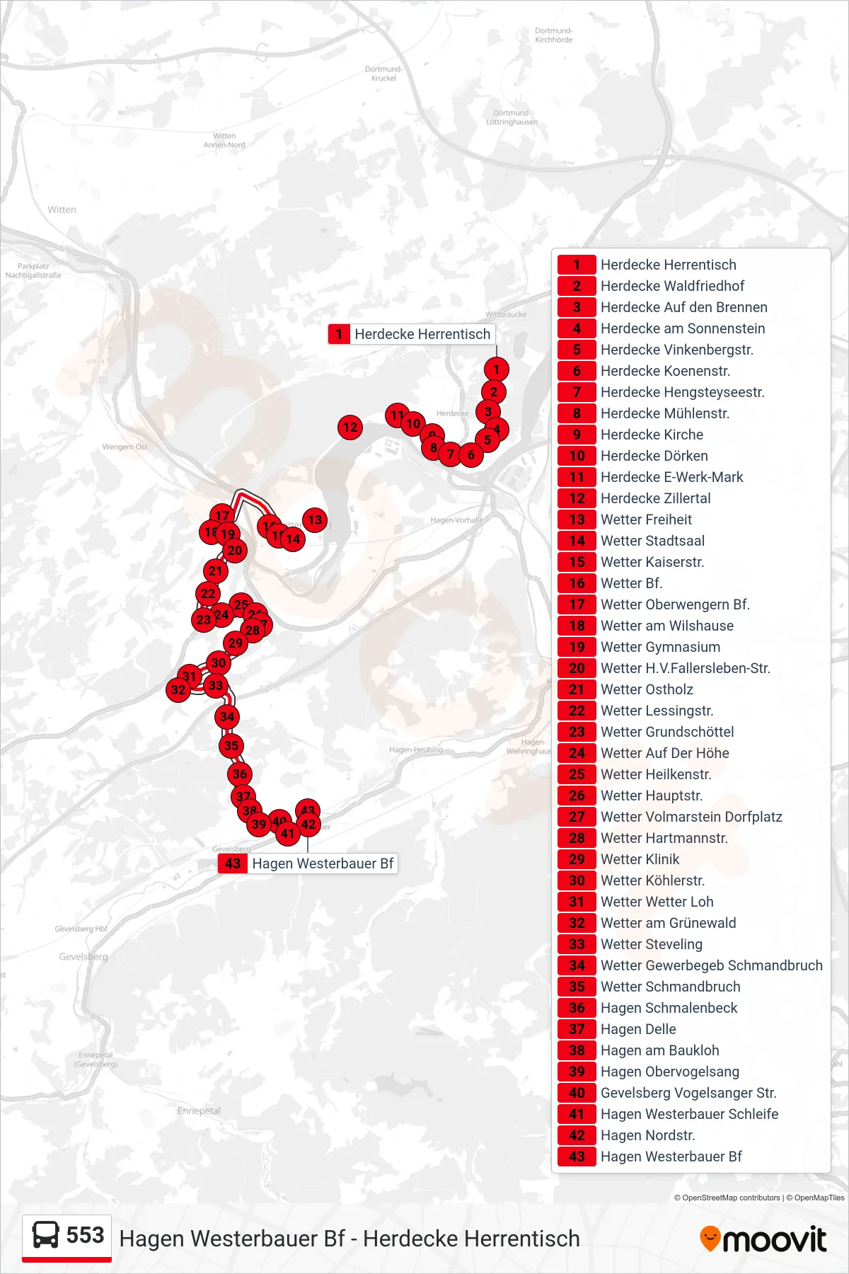 553 bus Line (Hagen Westerbauer Bf) route and stops on a map