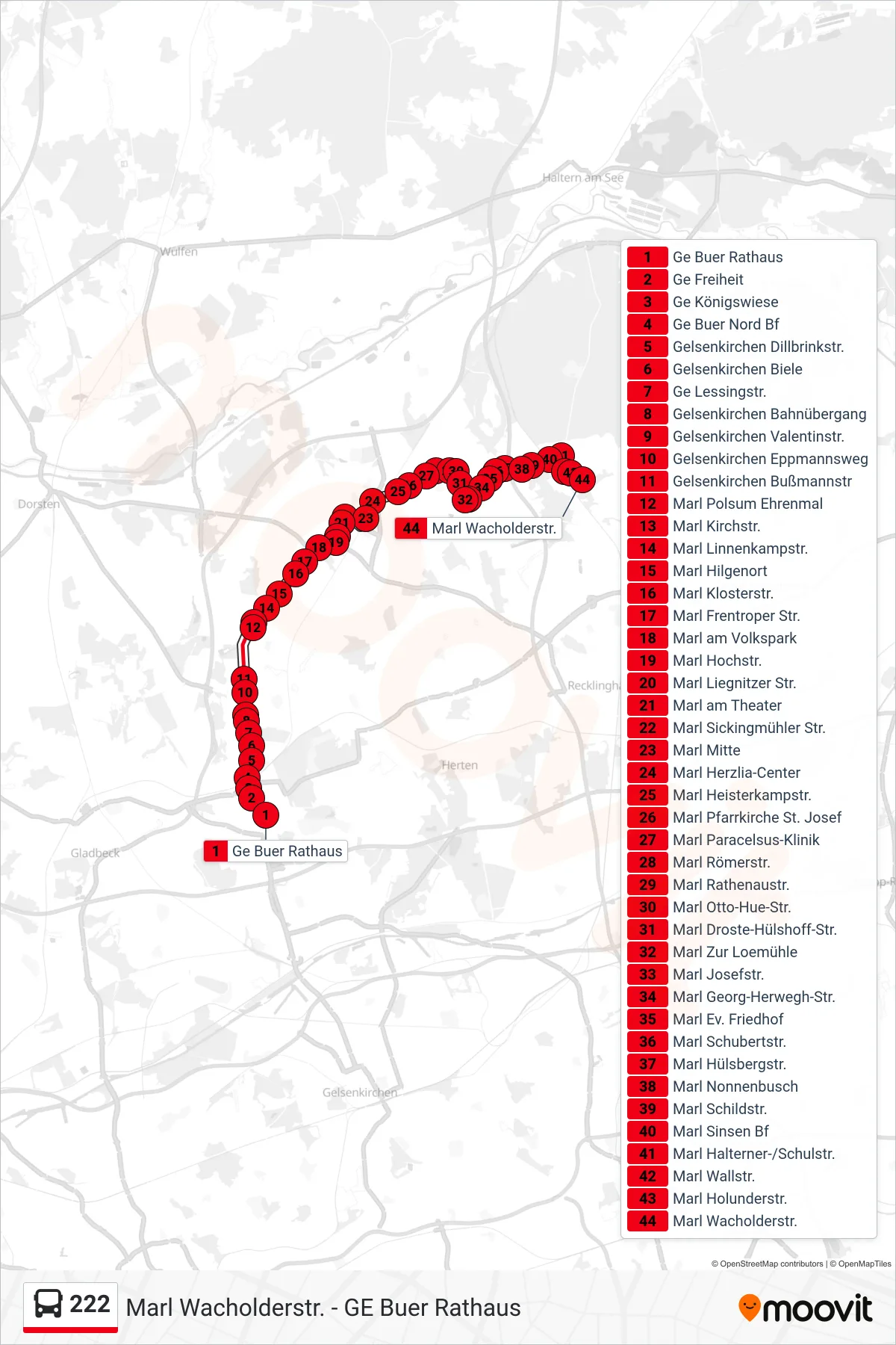Linie 222 (Bus) Richtung Marl Wacholderstr.: Route und Haltestellen auf der Karte
