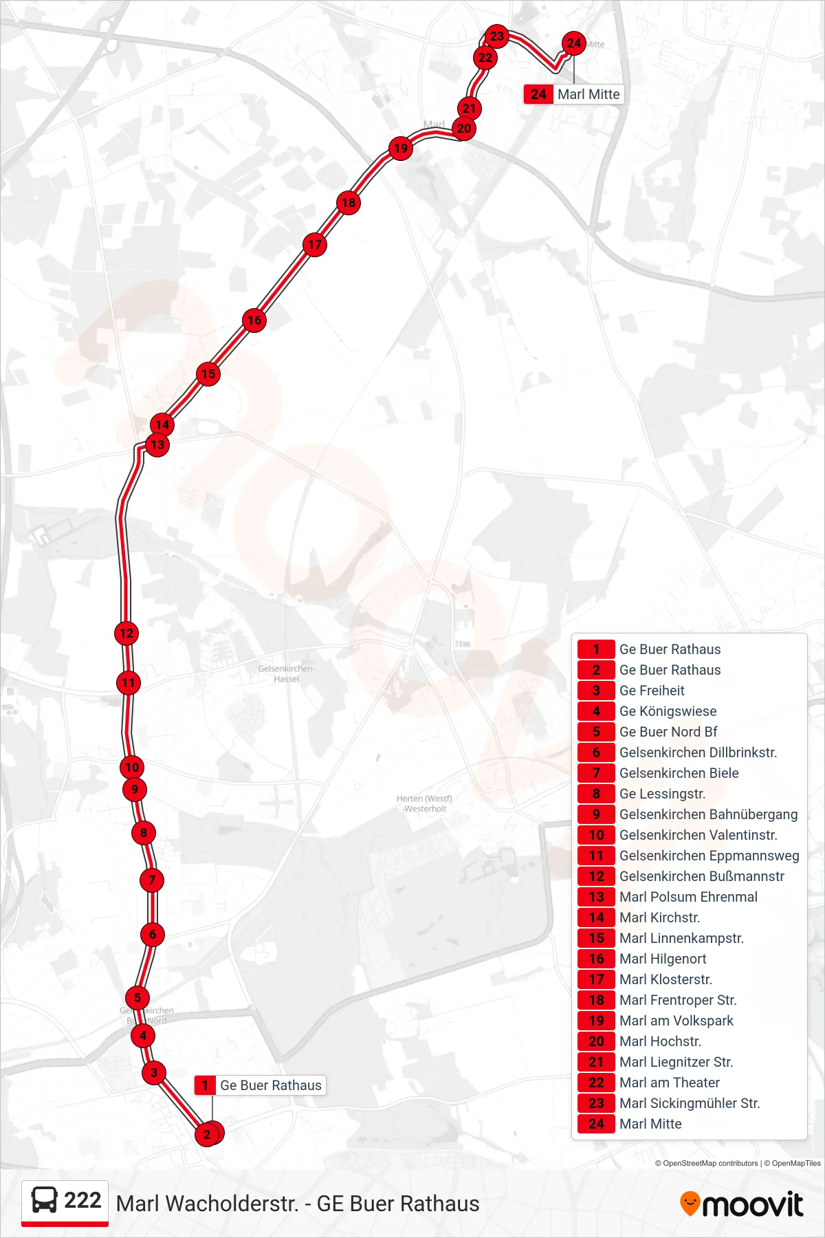 222 bus Line (Marl Mitte) route and stops on a map