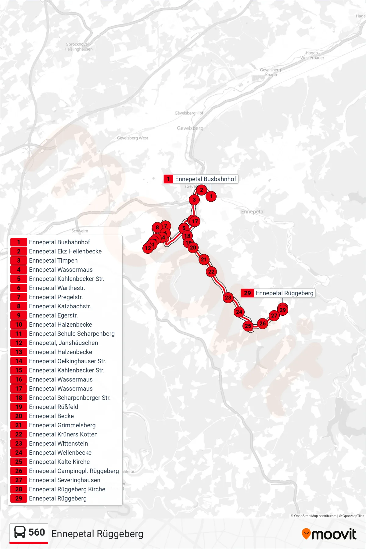 Linie 560 (Bus) Richtung Ennepetal Rüggeberg: Route und Haltestellen auf der Karte