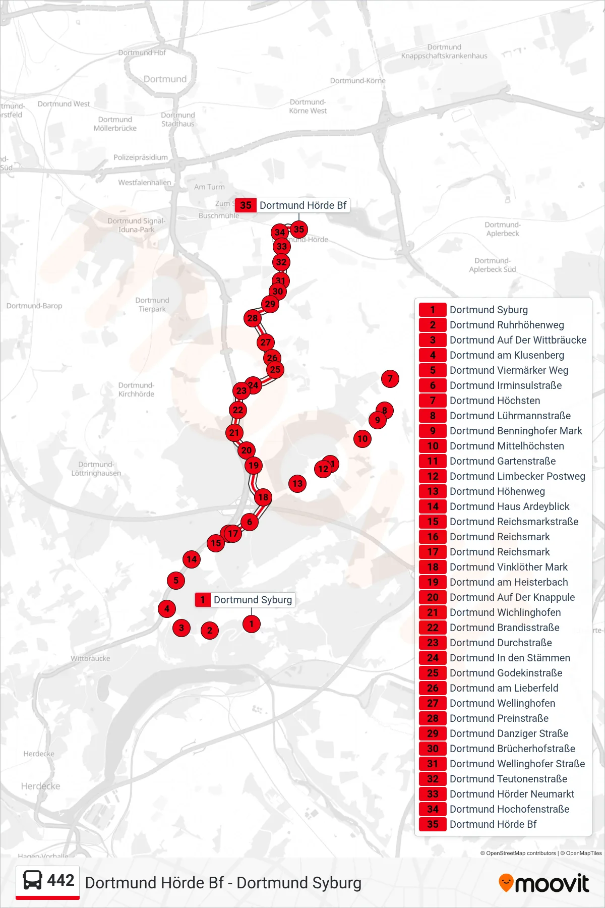 Linie 442 (Bus) Richtung Dortmund Hörde Bf: Route und Haltestellen auf der Karte