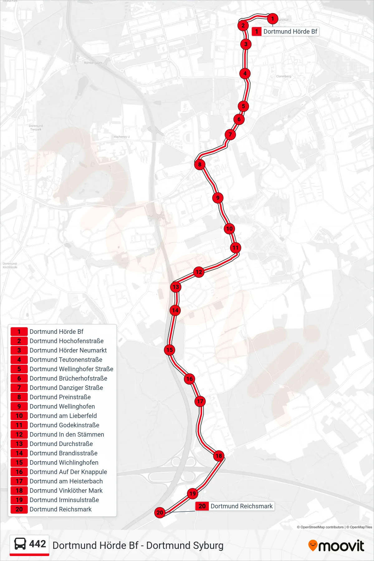 Linie 442 (Bus) Richtung Dortmund Reichsmark: Route und Haltestellen auf der Karte