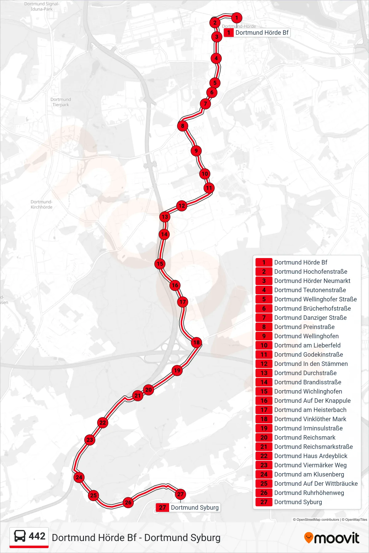 Linie 442 (Bus) Richtung Dortmund Syburg: Route und Haltestellen auf der Karte