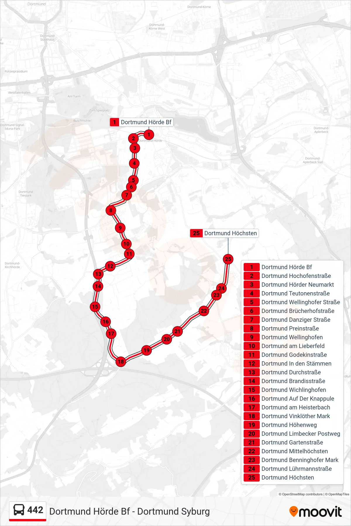Linie 442 (Bus) Richtung Dortmund Höchsten: Route und Haltestellen auf der Karte
