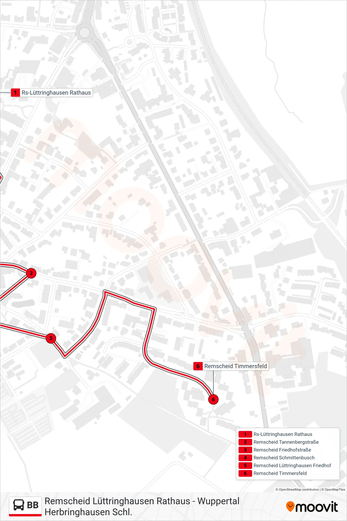 Linie BB (Bus) Richtung Remscheid Timmersfeld: Route und Haltestellen auf der Karte