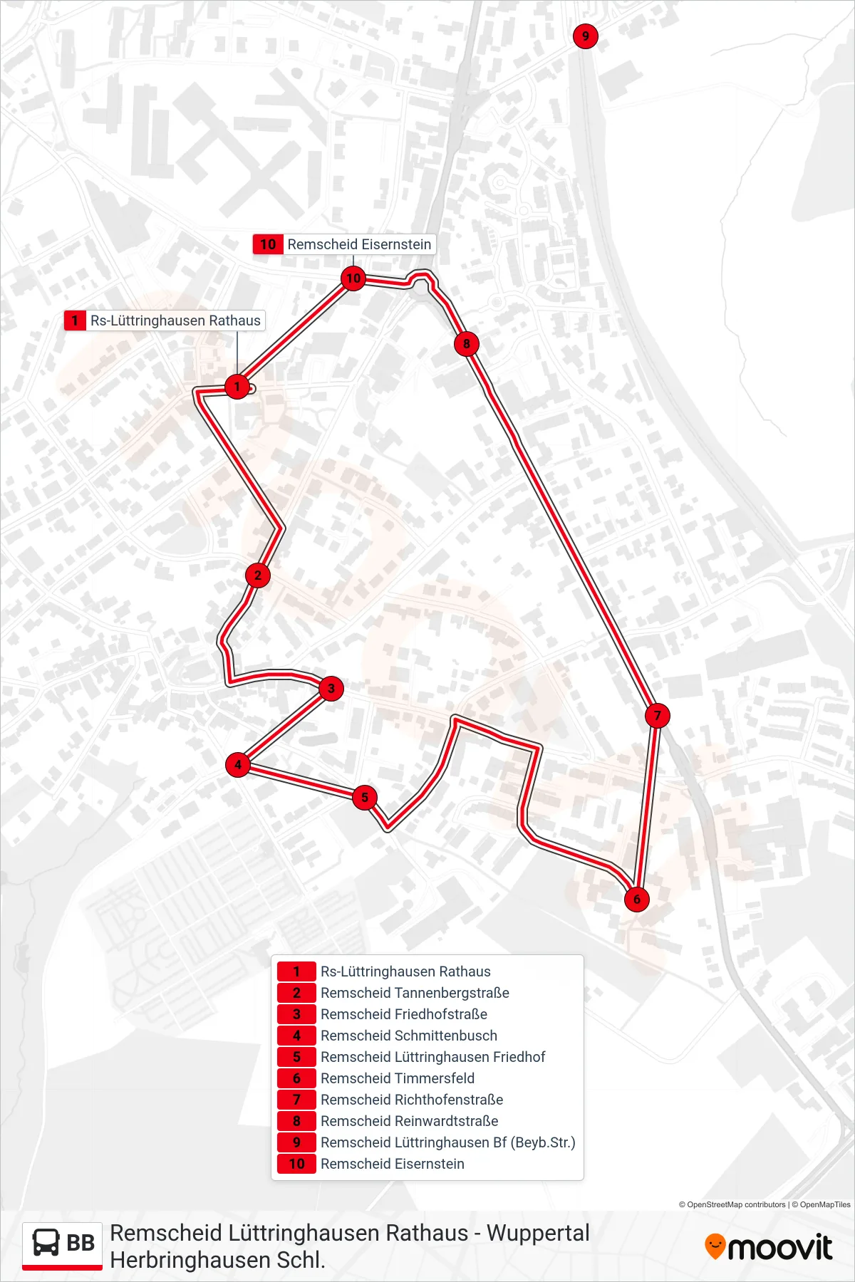 Linie BB (Bus) Richtung Remscheid Lüttringhausen Rathaus: Route und Haltestellen auf der Karte