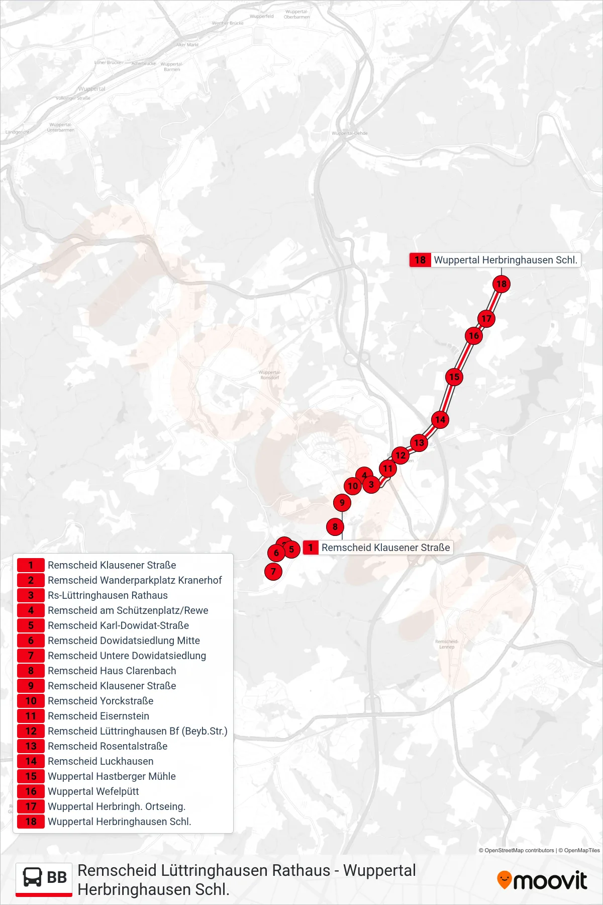 Linie BB (Bus) Richtung Wuppertal Herbringhausen Schl.: Route und Haltestellen auf der Karte