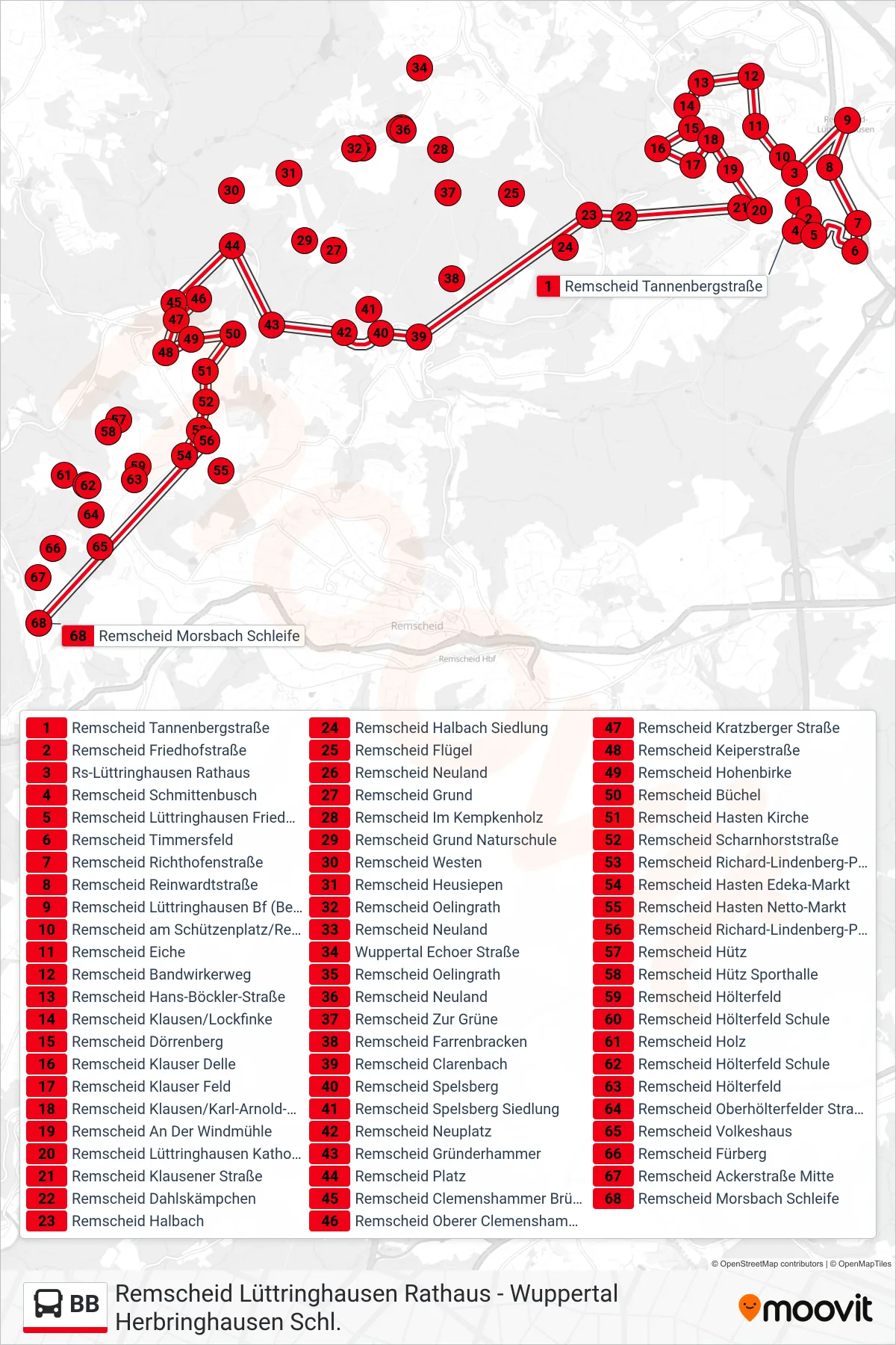 Linie BB (Bus) Richtung Remscheid Morsbach Schleife: Route und Haltestellen auf der Karte