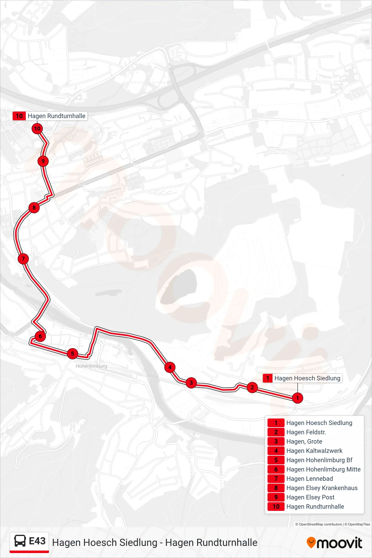 Linie E43 (Bus) Richtung Hagen Rundturnhalle: Route und Haltestellen auf der Karte
