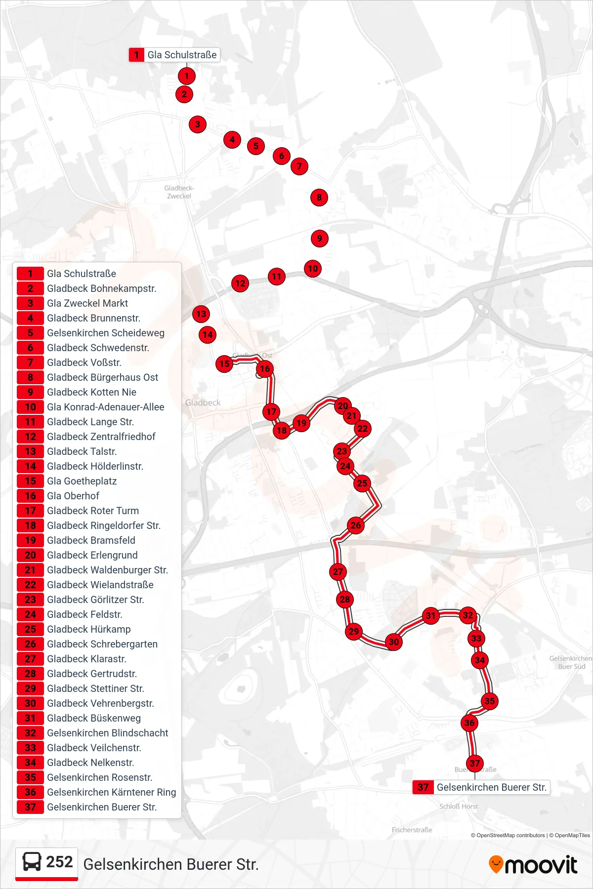 Linie 252 (Bus) Richtung Gelsenkirchen Buerer Str.: Route und Haltestellen auf der Karte