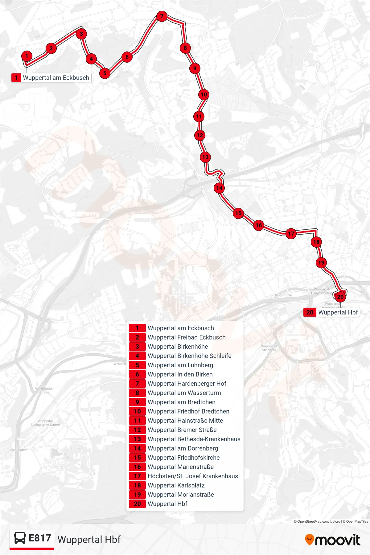Linie E817 (Bus) Richtung Wuppertal Hbf: Route und Haltestellen auf der Karte