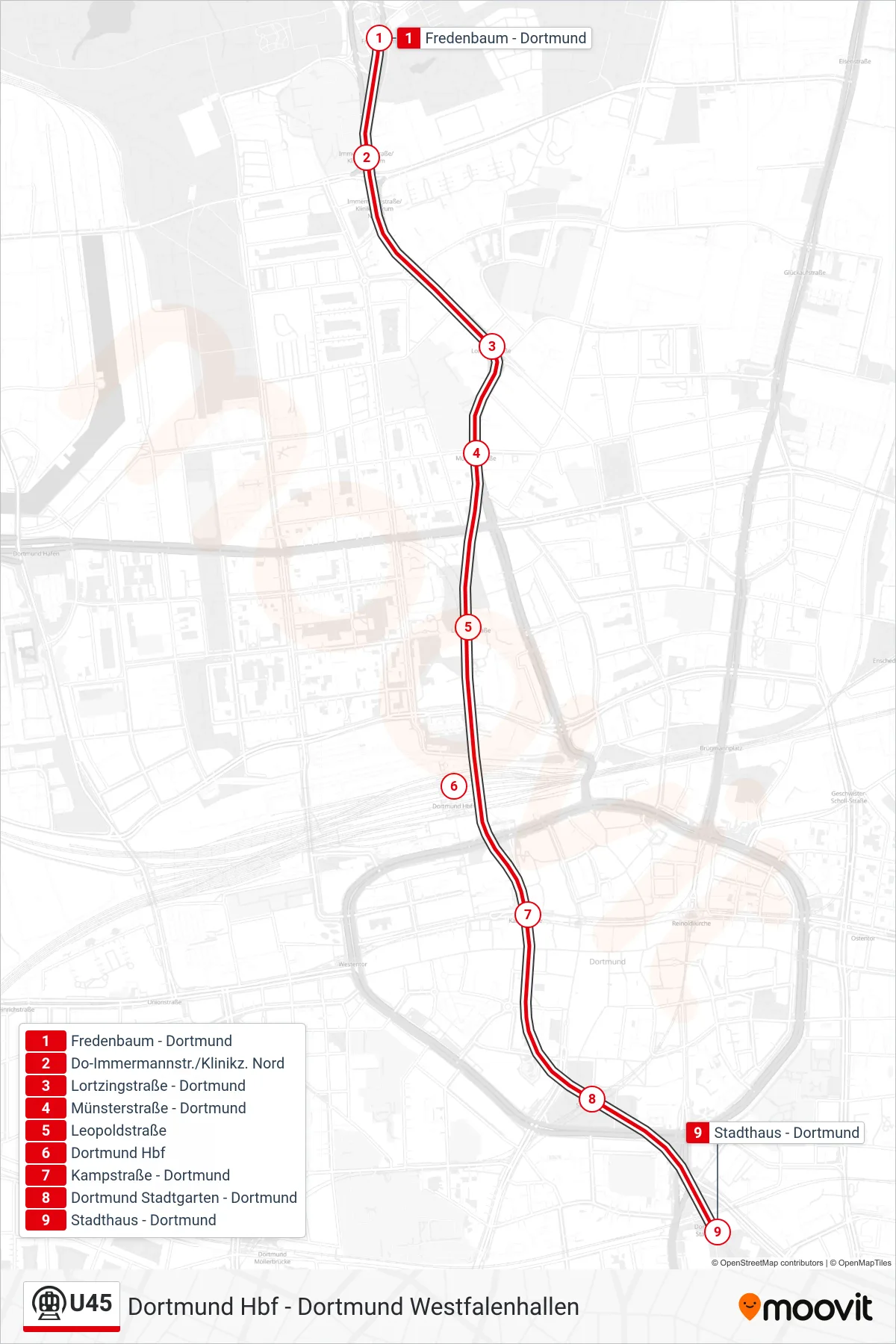 Linie U45 (U-Bahn) Richtung Dortmund Stadthaus: Route und Haltestellen auf der Karte