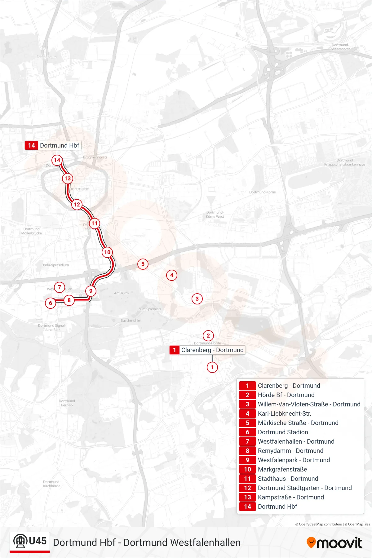 Linie U45 (U-Bahn) Richtung Dortmund Hbf: Route und Haltestellen auf der Karte