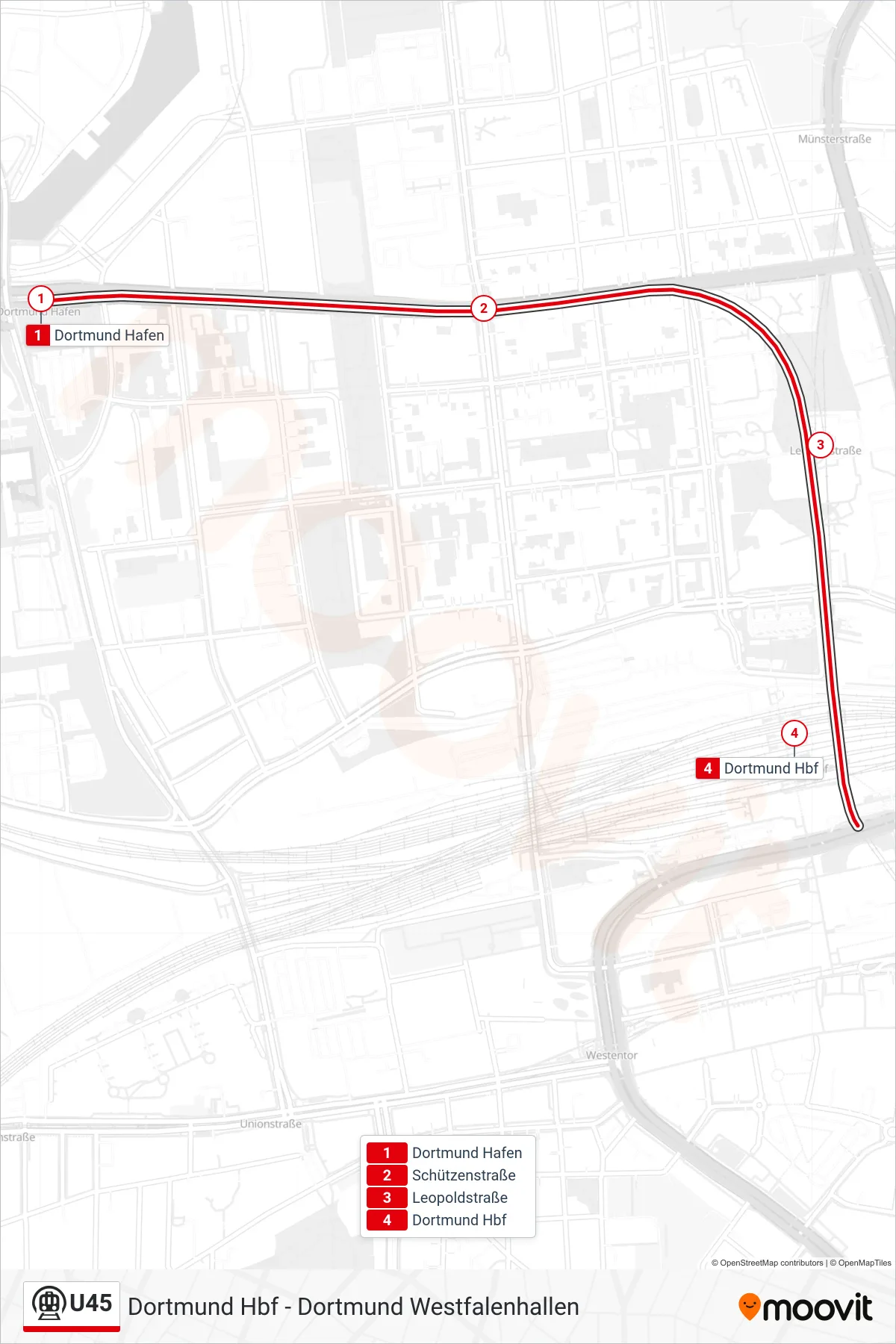 Linie U45 (U-Bahn) Richtung Dortmund Hbf: Route und Haltestellen auf der Karte