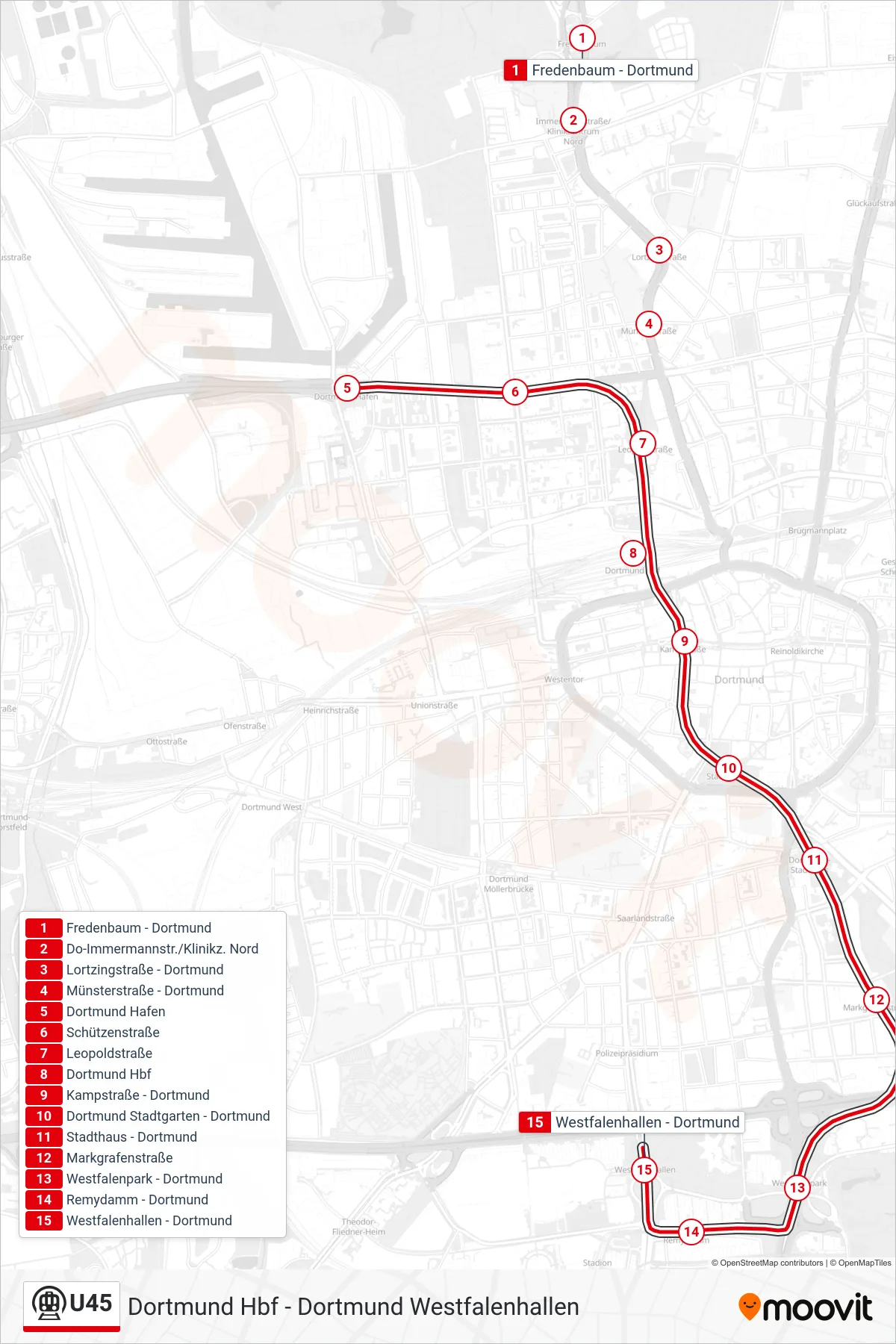 Linie U45 (U-Bahn) Richtung Dortmund Westfalenhallen: Route und Haltestellen auf der Karte