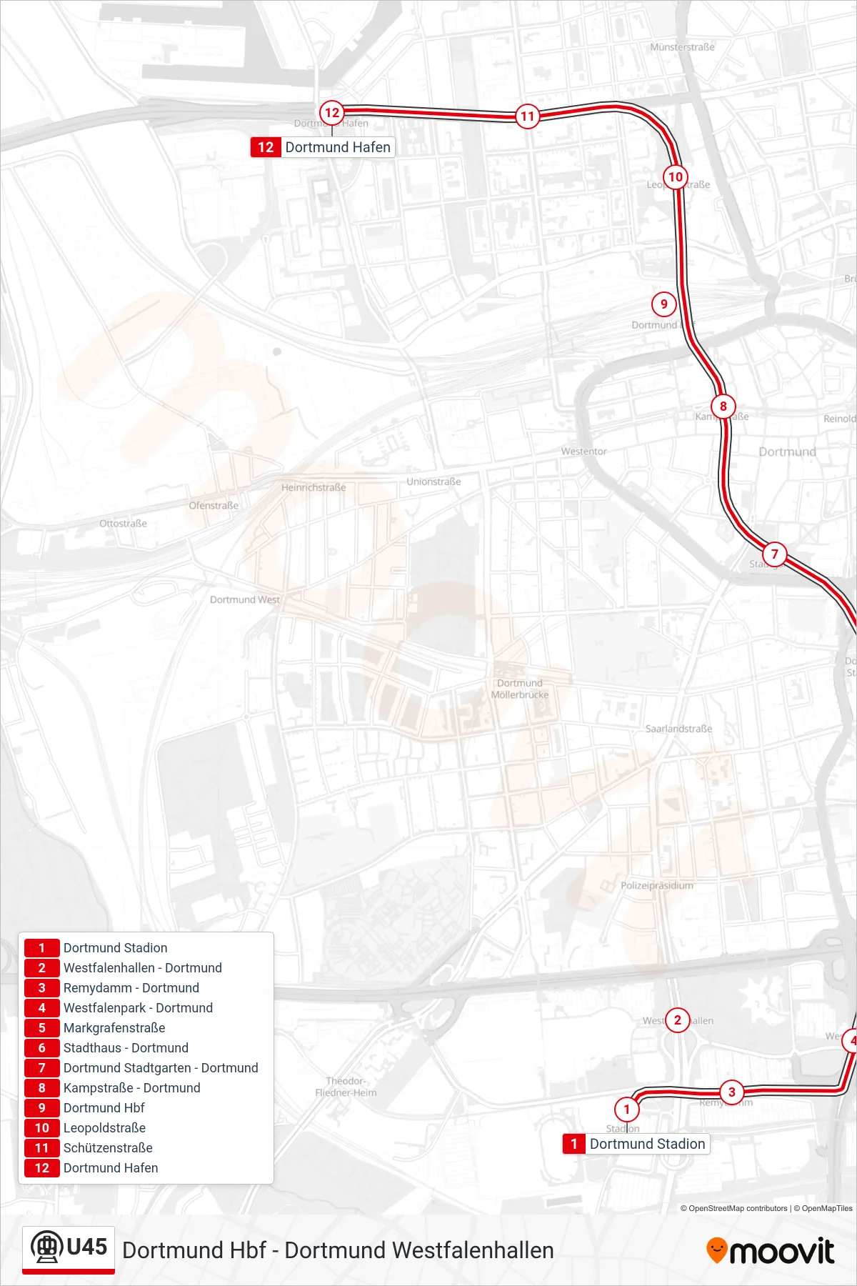 Linie U45 (U-Bahn) Richtung Dortmund Hafen: Route und Haltestellen auf der Karte