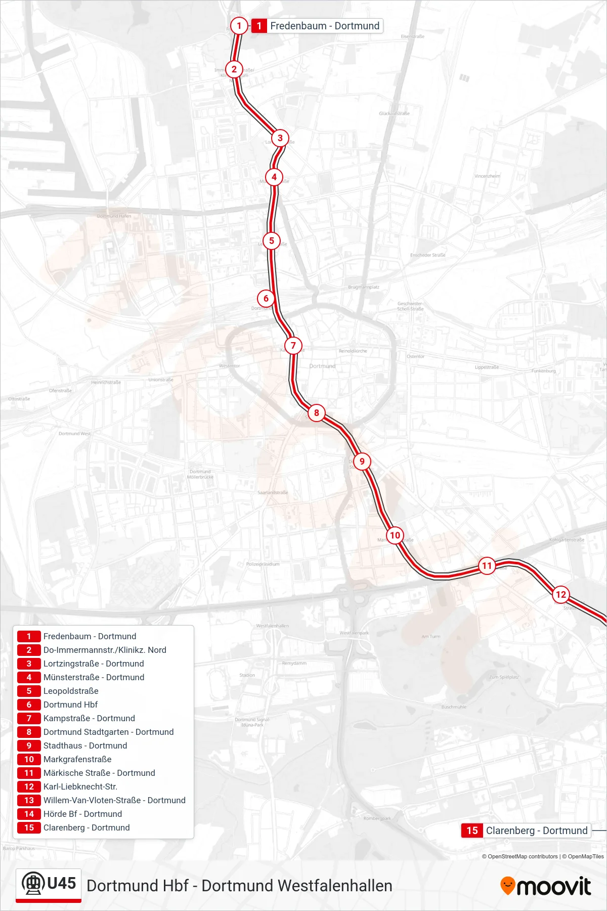 Linie U45 (U-Bahn) Richtung Dortmund Clarenberg: Route und Haltestellen auf der Karte
