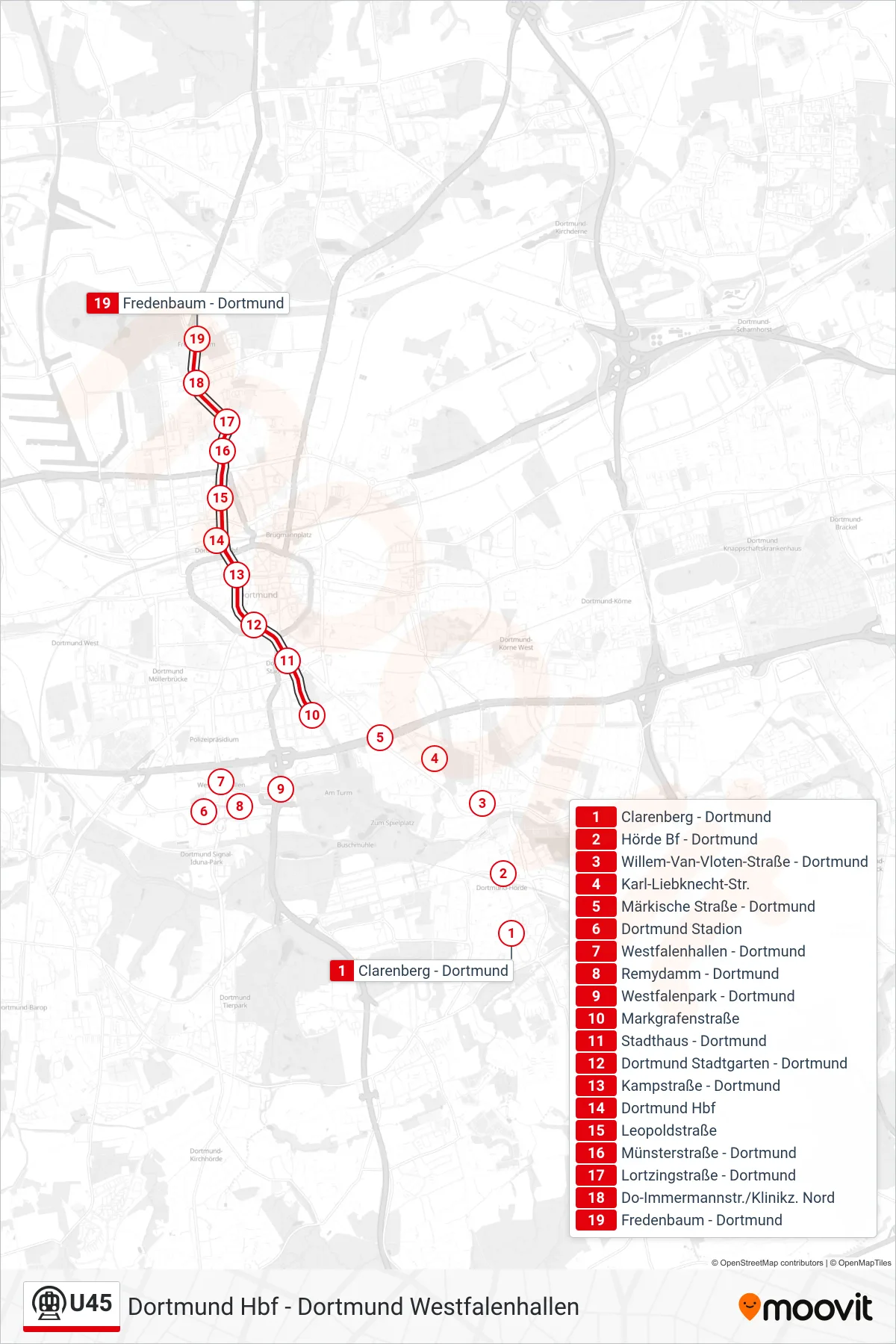 Linie U45 (U-Bahn) Richtung Dortmund Fredenbaum: Route und Haltestellen auf der Karte