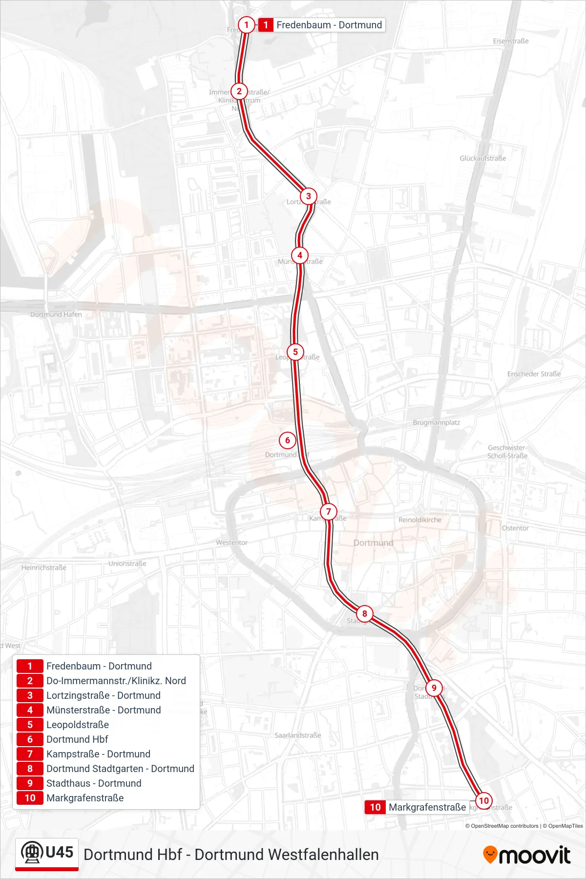 Linie U45 (U-Bahn) Richtung Dortmund Markgrafenstraße: Route und Haltestellen auf der Karte