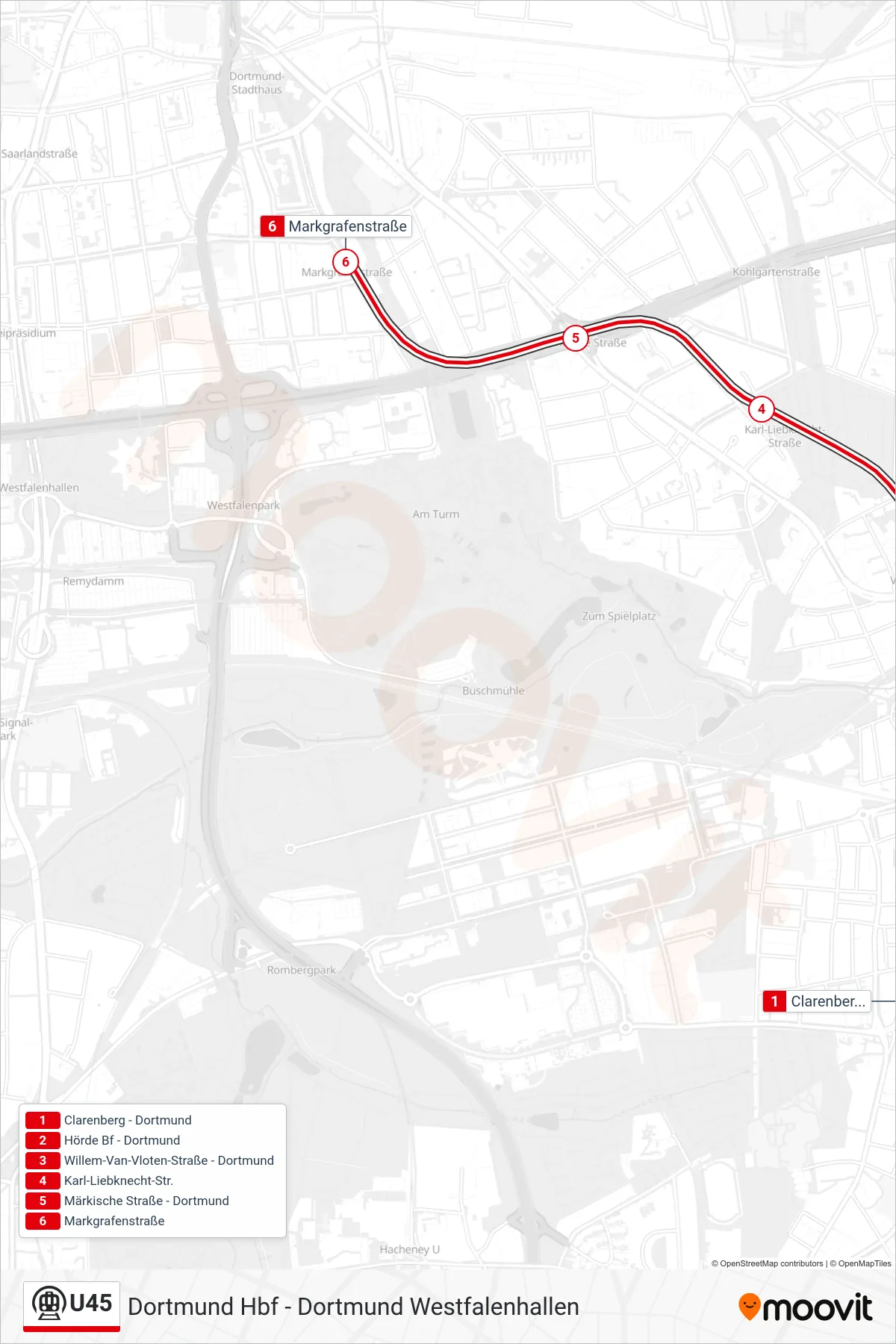 Linie U45 (U-Bahn) Richtung Dortmund Markgrafenstraße: Route und Haltestellen auf der Karte