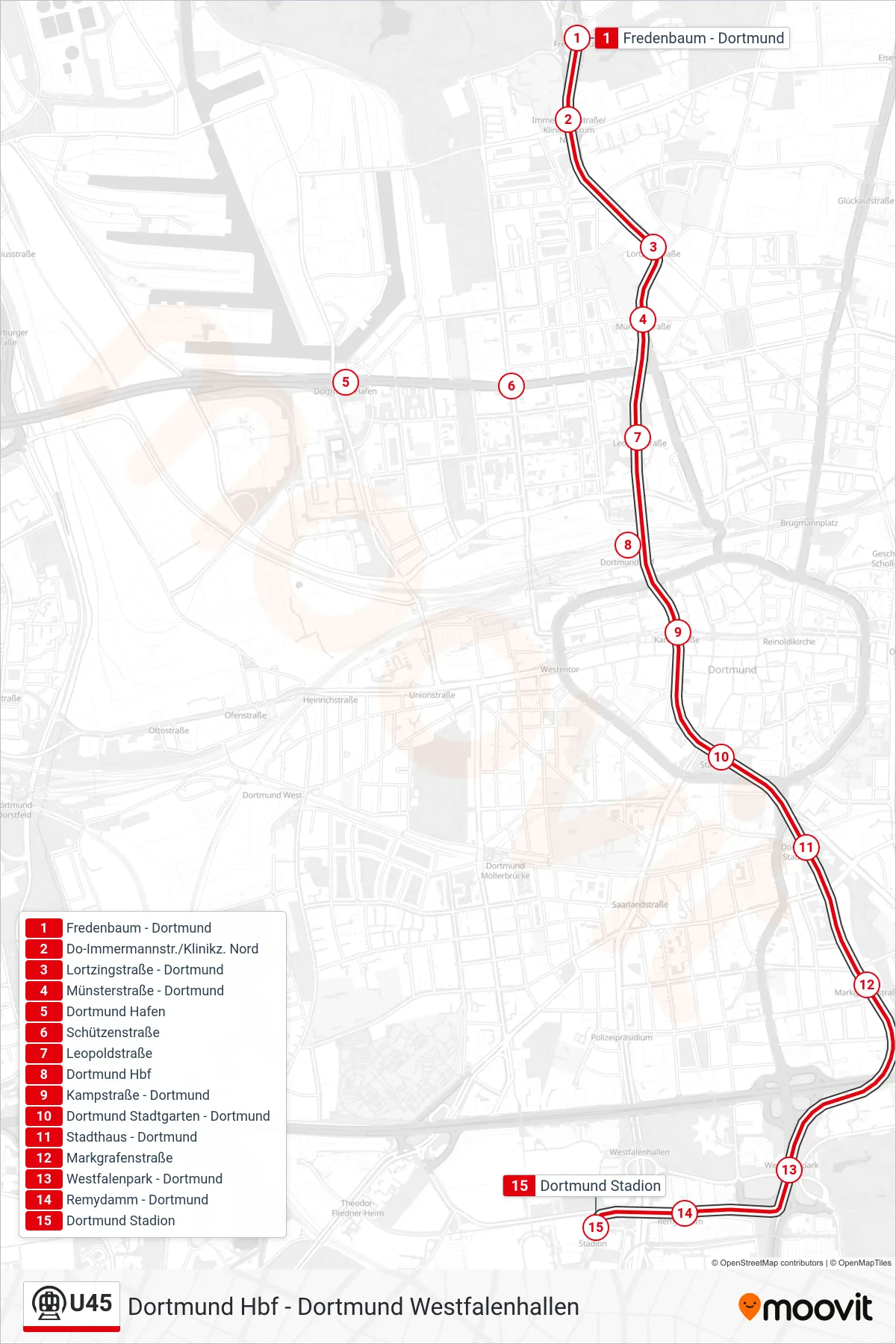 Linie U45 (U-Bahn) Richtung Dortmund Stadion: Route und Haltestellen auf der Karte
