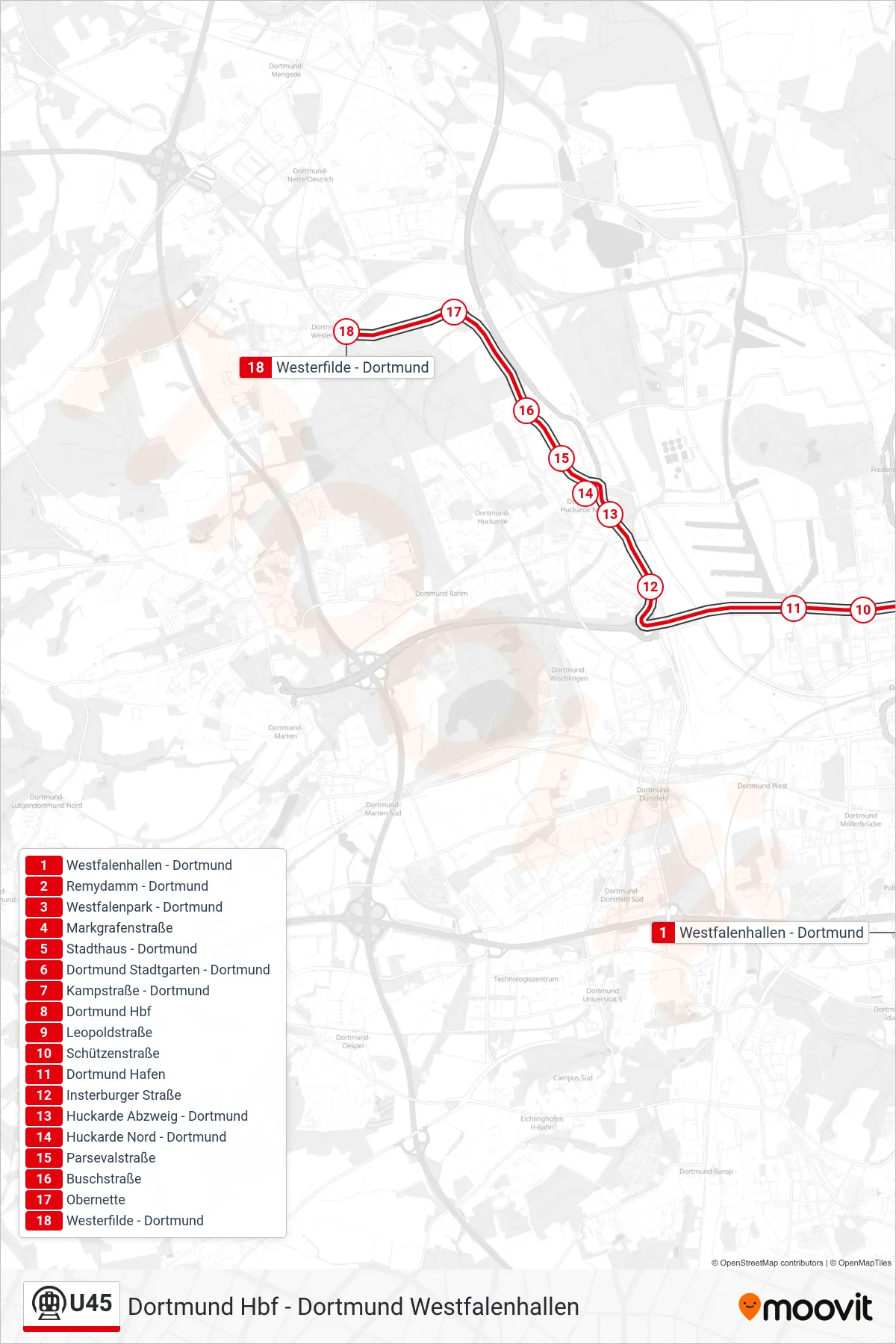 Linie U45 (U-Bahn) Richtung Dortmund Westerfilde: Route und Haltestellen auf der Karte