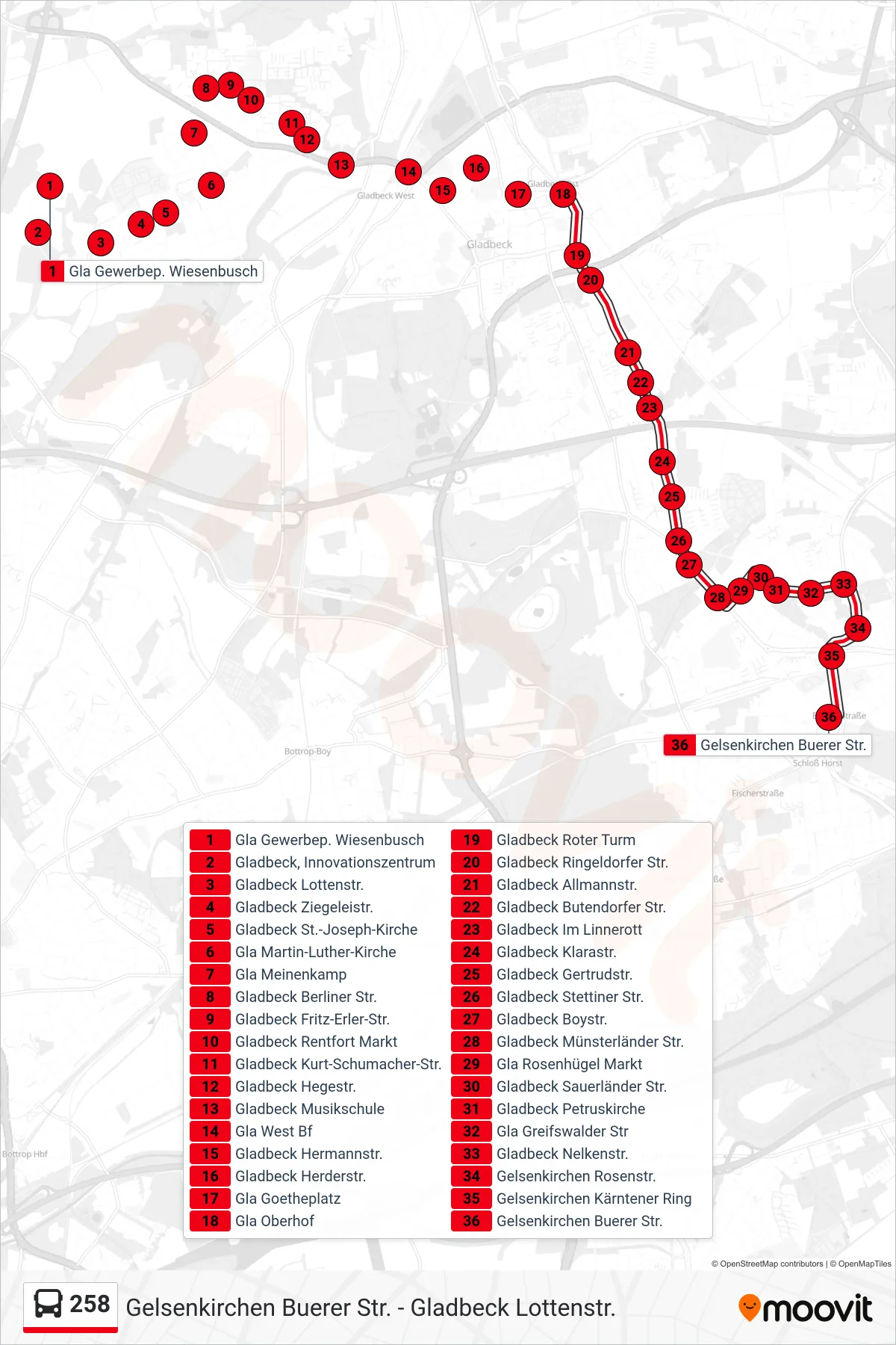 Linie 258 (Bus) Richtung Gelsenkirchen Buerer Str.: Route und Haltestellen auf der Karte