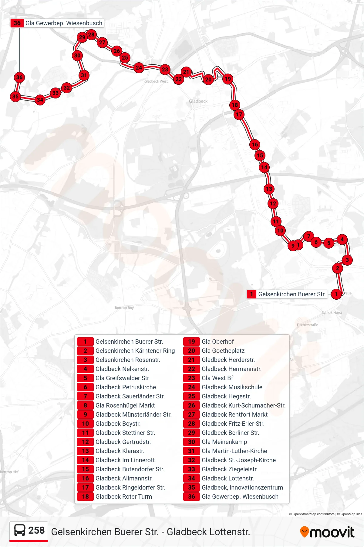 Linie 258 (Bus) Richtung Gla Gewerbep. Wiesenbusch: Route und Haltestellen auf der Karte