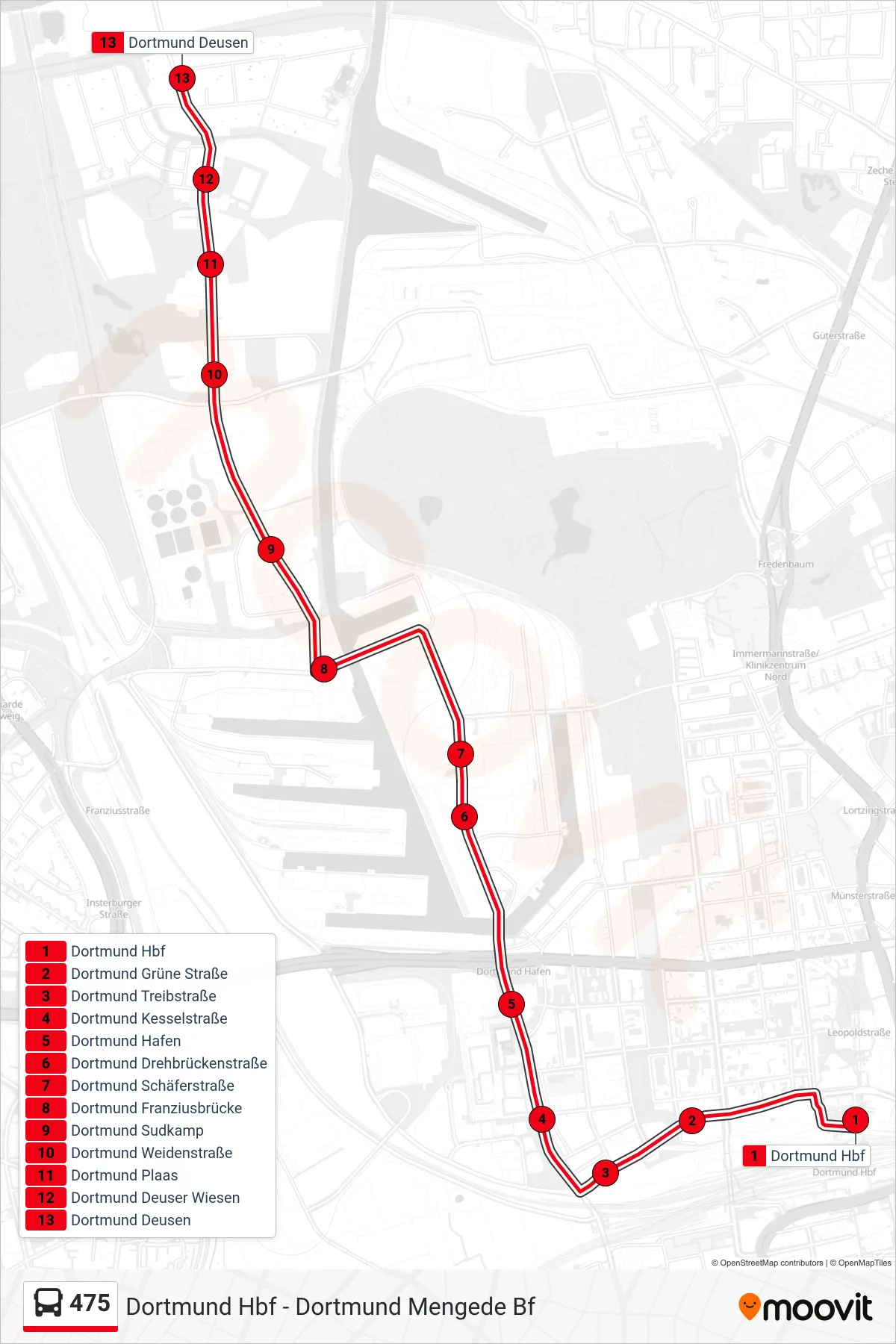 475 bus Line (Dortmund Deusen) route and stops on a map