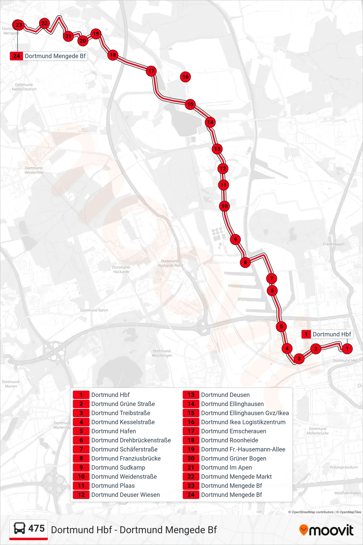 Linie 475 (Bus) Richtung Dortmund Mengede Bf: Route und Haltestellen auf der Karte