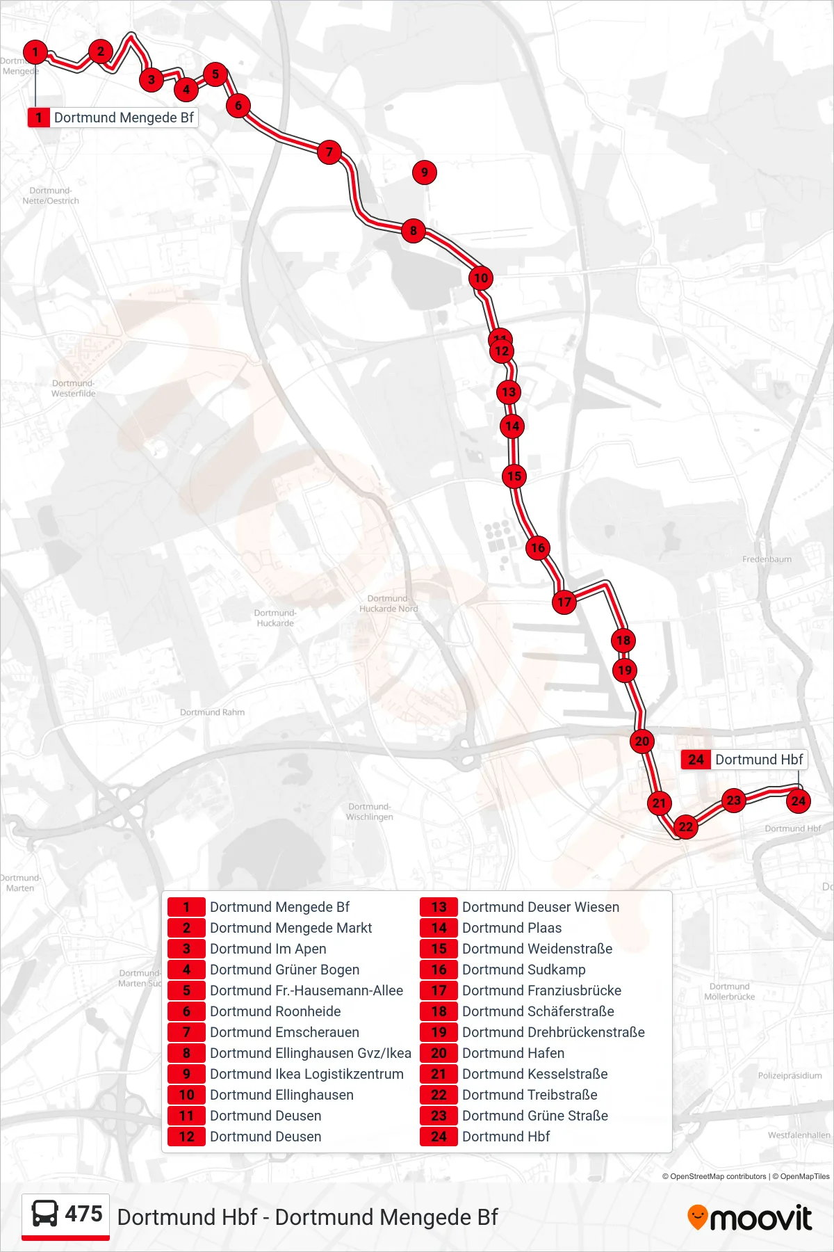 475 bus Line (Dortmund Hbf) route and stops on a map