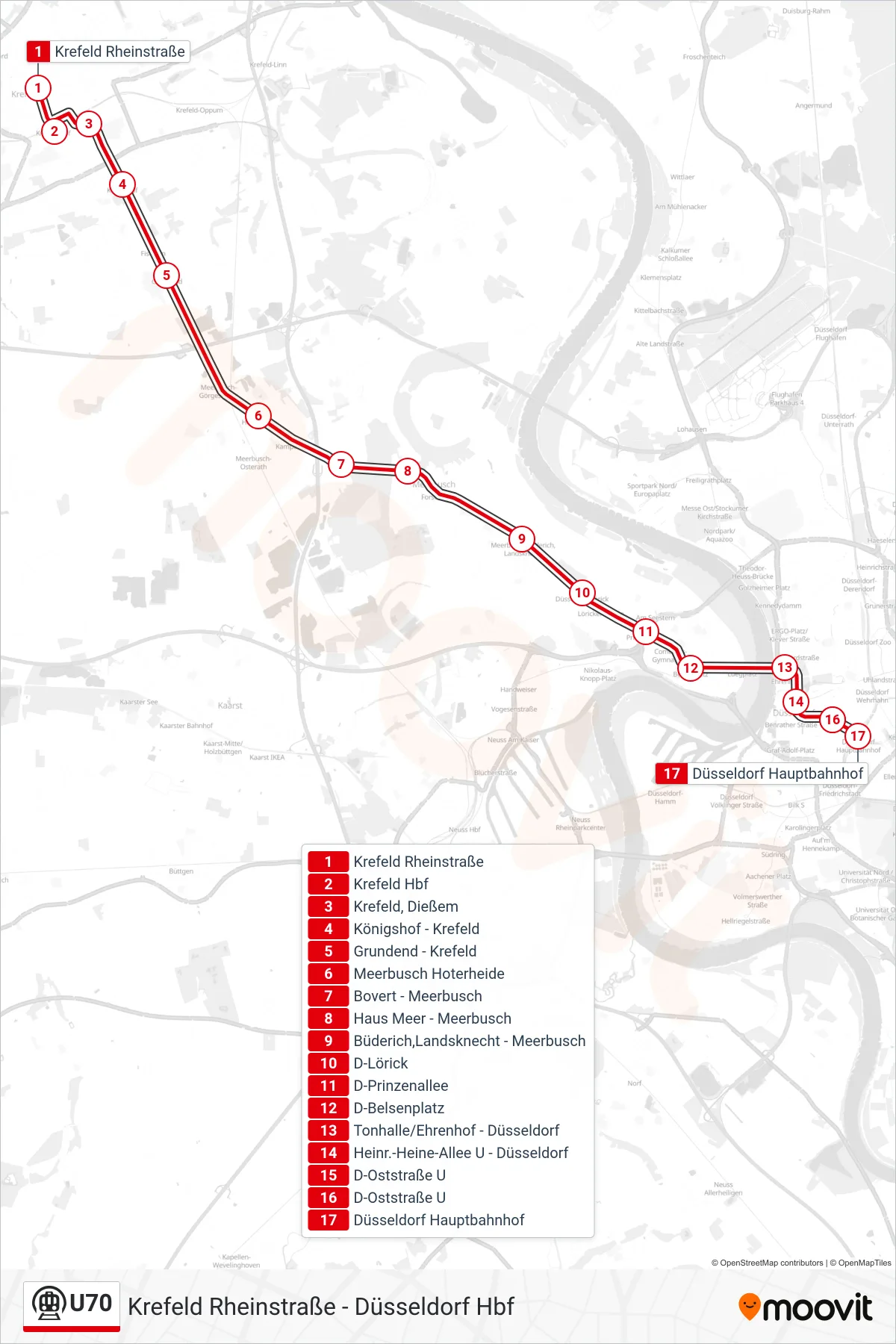Linie U70 (U-Bahn) Richtung Düsseldorf Hbf: Route und Haltestellen auf der Karte