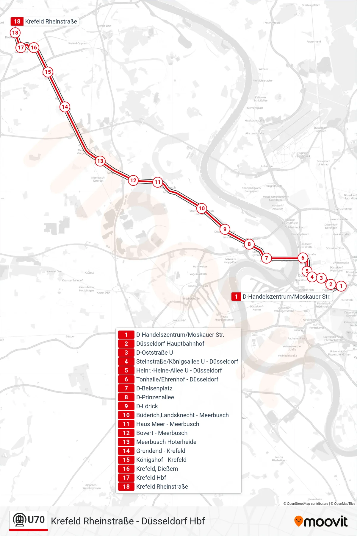 Linie U70 (U-Bahn) Richtung Krefeld Rheinstraße: Route und Haltestellen auf der Karte