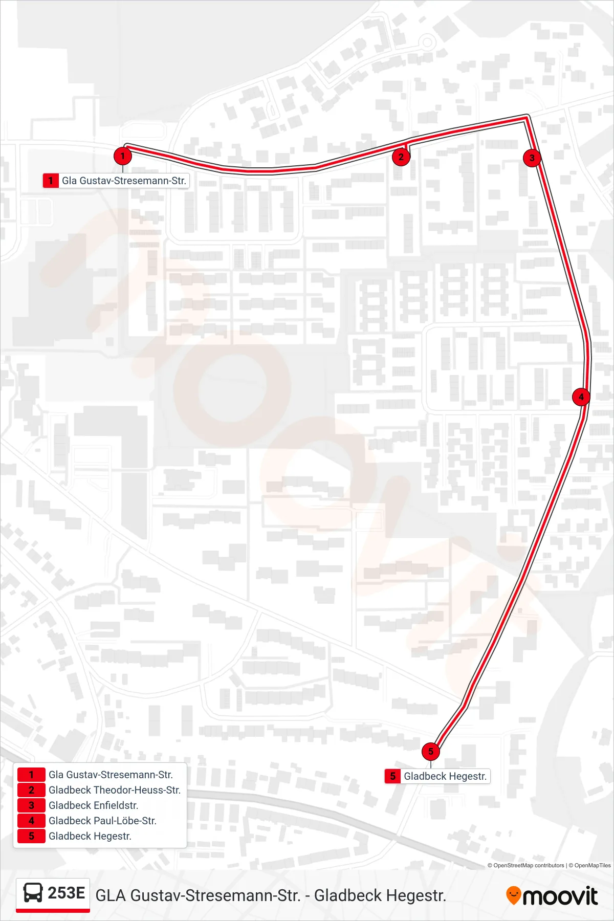 Linie 253E (Bus) Richtung Gladbeck Hegestr.: Route und Haltestellen auf der Karte