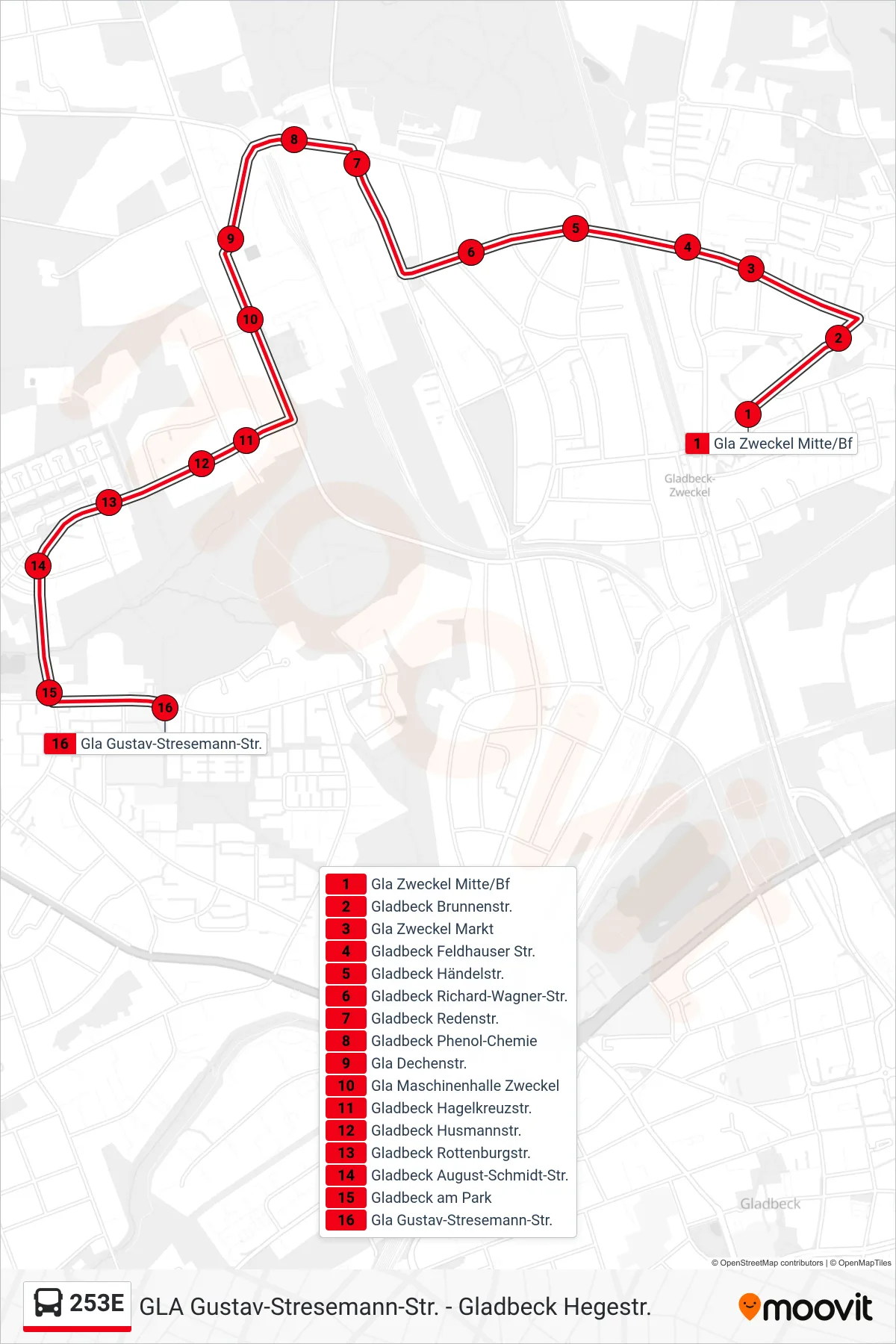 Linie 253E (Bus) Richtung Gla Gustav-Stresemann-Str.: Route und Haltestellen auf der Karte