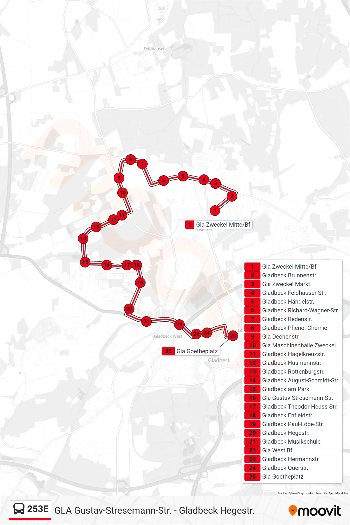253E bus Line (Gla Goetheplatz) route and stops on a map