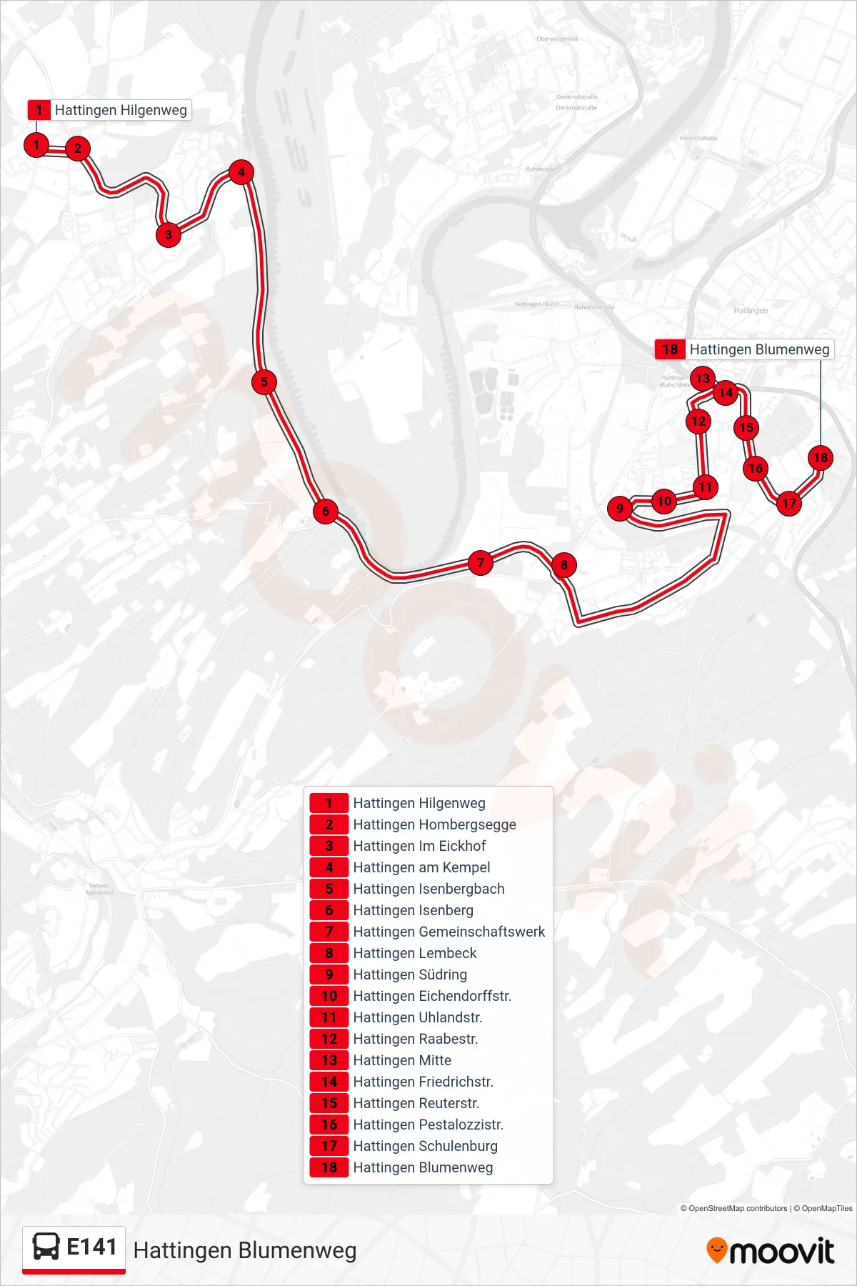 Linie E141 (Bus) Richtung Hattingen Blumenweg: Route und Haltestellen auf der Karte