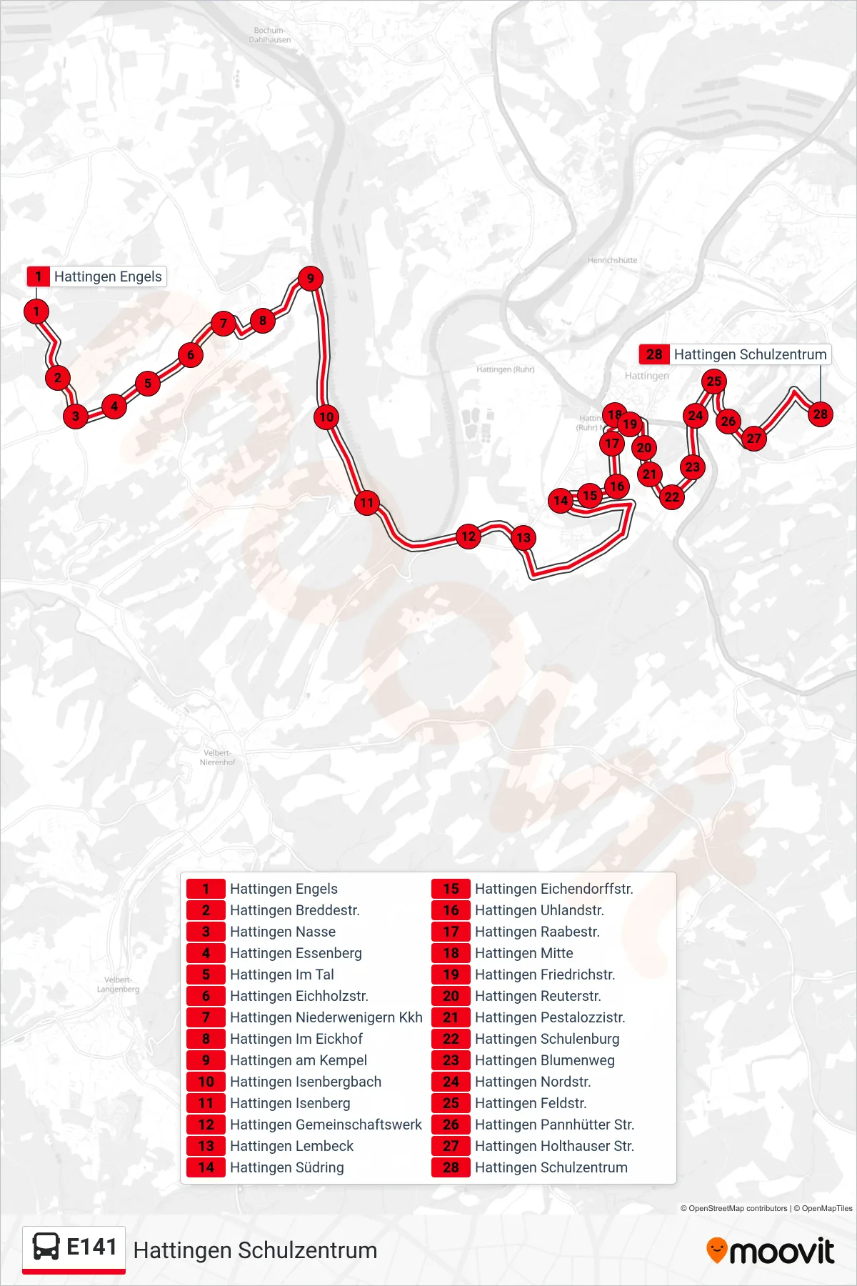 Linie E141 (Bus) Richtung Hattingen Schulzentrum: Route und Haltestellen auf der Karte