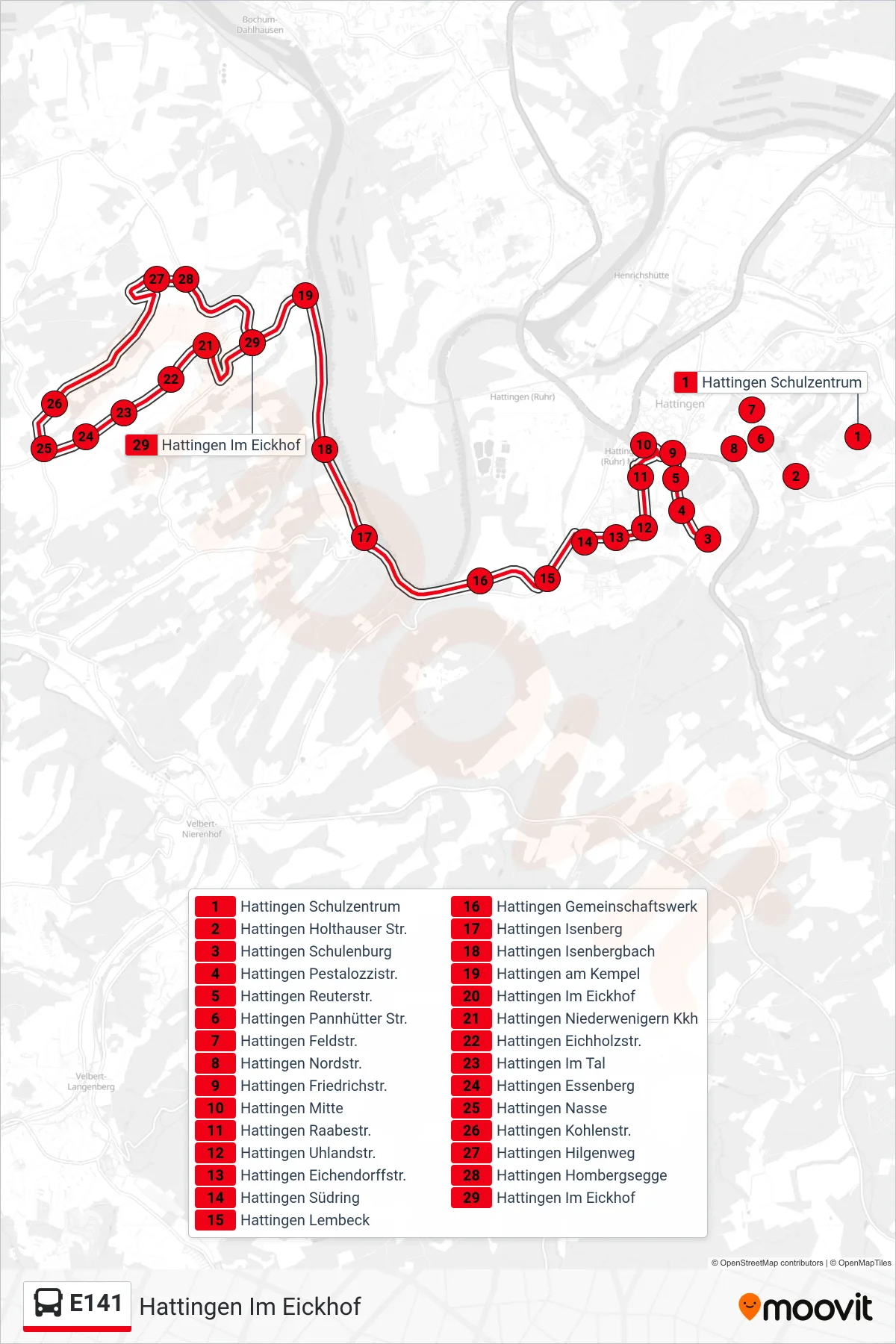 Linie E141 (Bus) Richtung Hattingen Im Eickhof: Route und Haltestellen auf der Karte