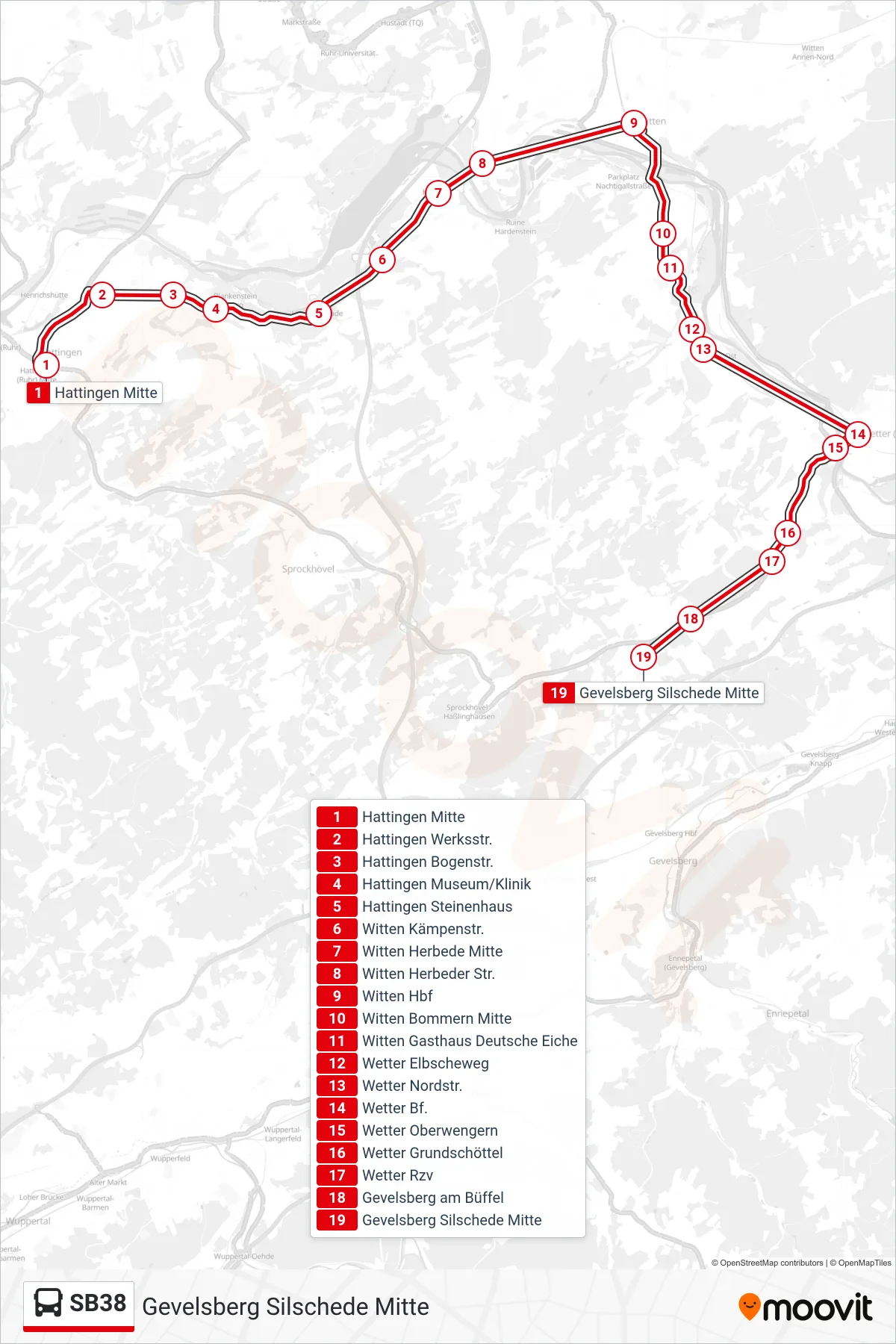 SB38 bus Line (Gevelsberg Silschede Mitte) route and stops on a map