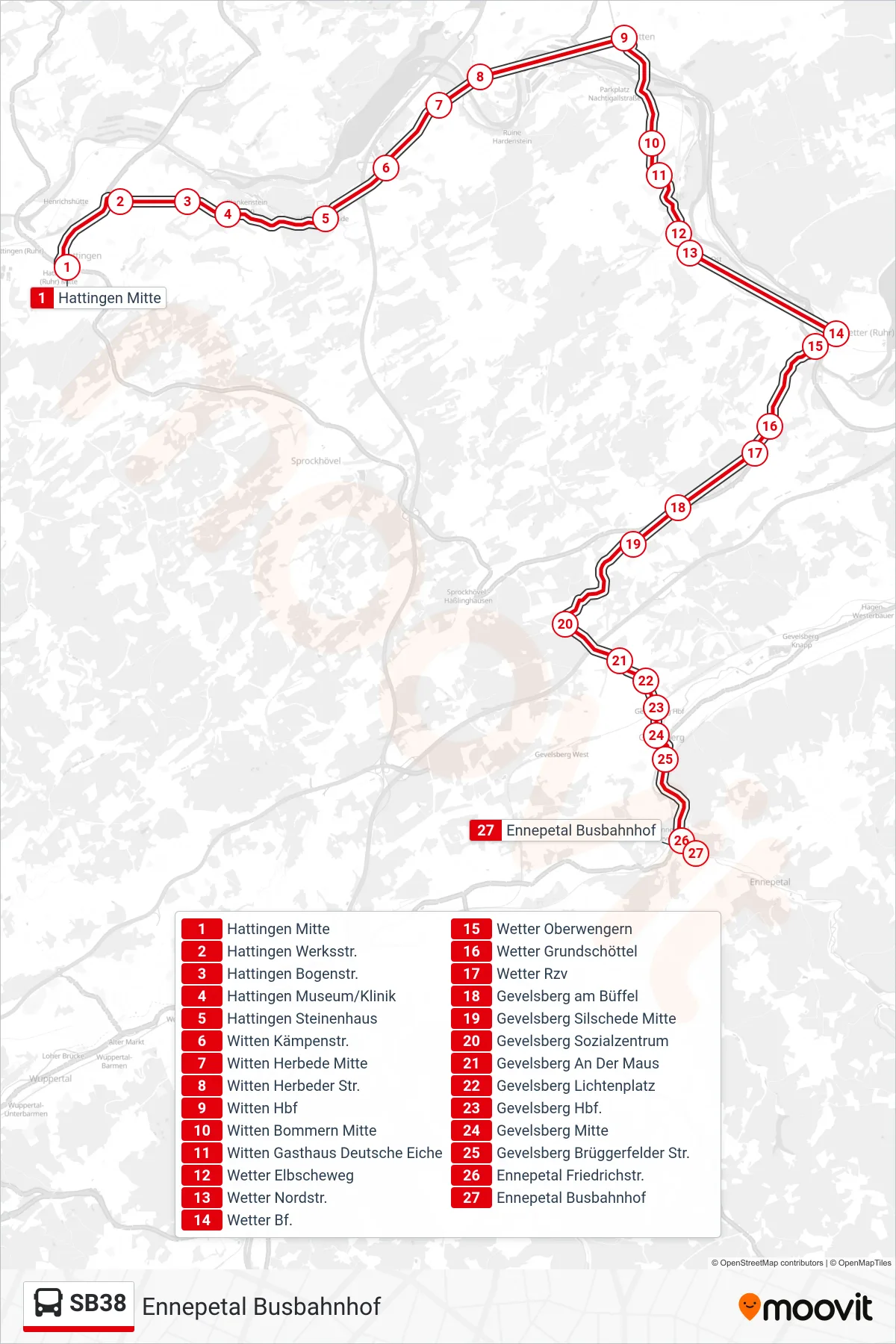 Linie SB38 (Bus) Richtung Ennepetal Busbahnhof: Route und Haltestellen auf der Karte