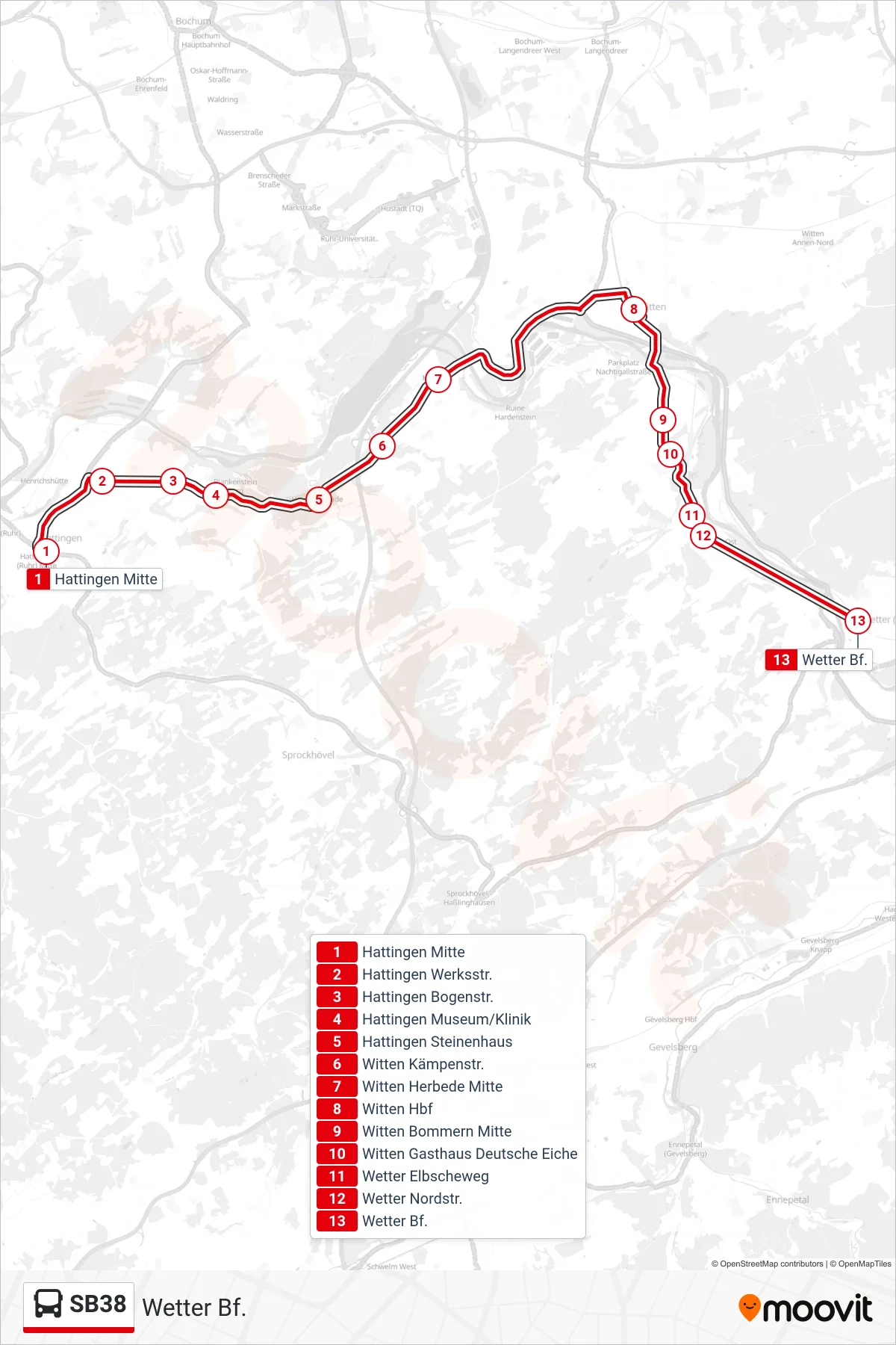 Linie SB38 (Bus) Richtung Wetter Bf.: Route und Haltestellen auf der Karte