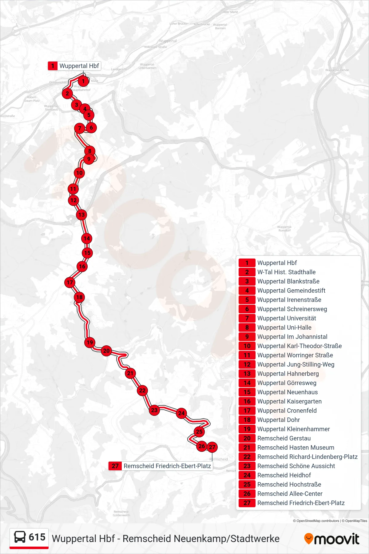 Linie 615 (Bus) Richtung Remscheid Friedrich-Ebert-Platz: Route und Haltestellen auf der Karte