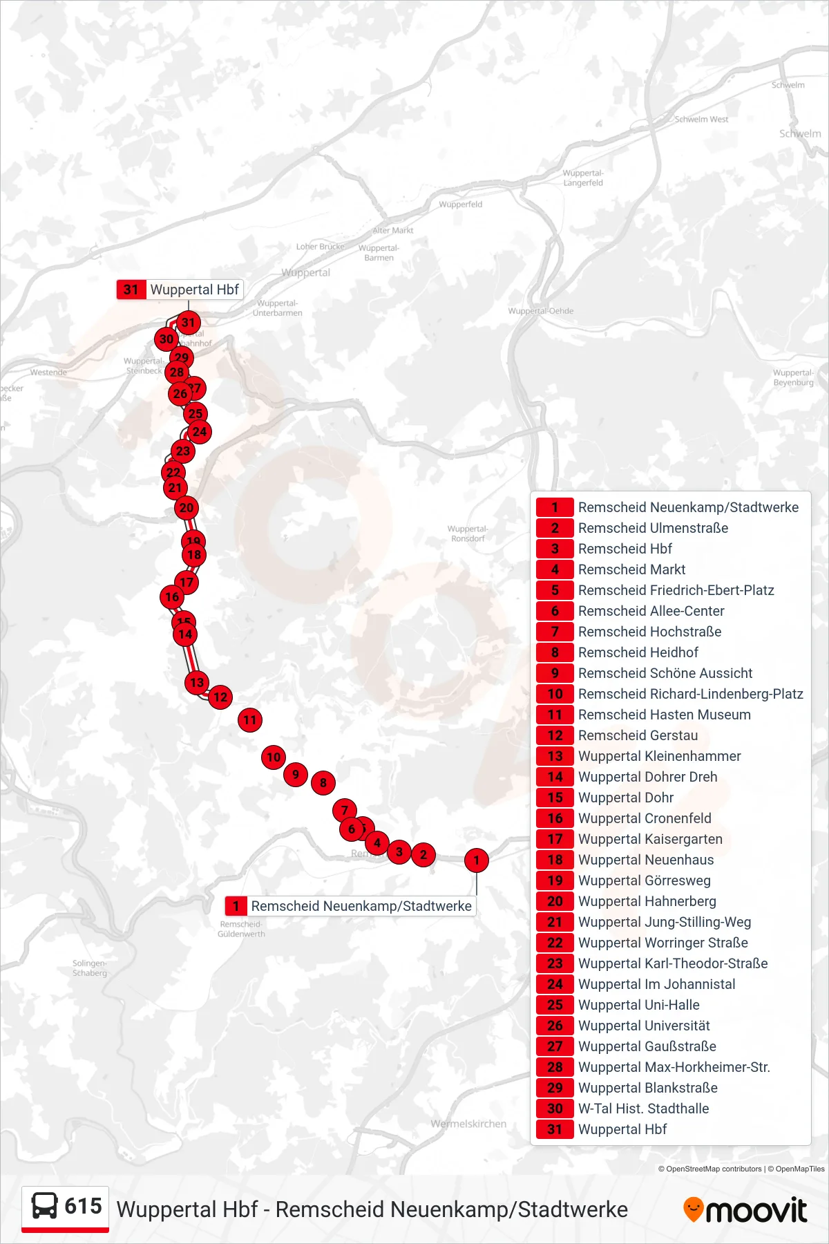 Linie 615 (Bus) Richtung Wuppertal Hbf: Route und Haltestellen auf der Karte