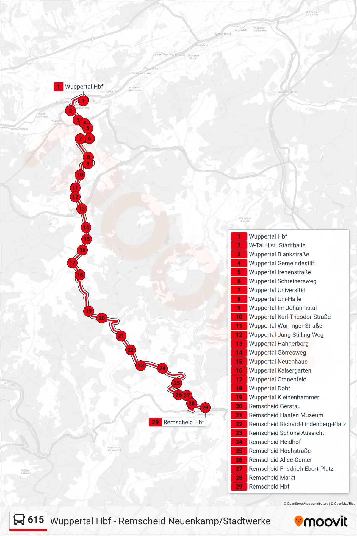 Linie 615 (Bus) Richtung Remscheid Hbf: Route und Haltestellen auf der Karte