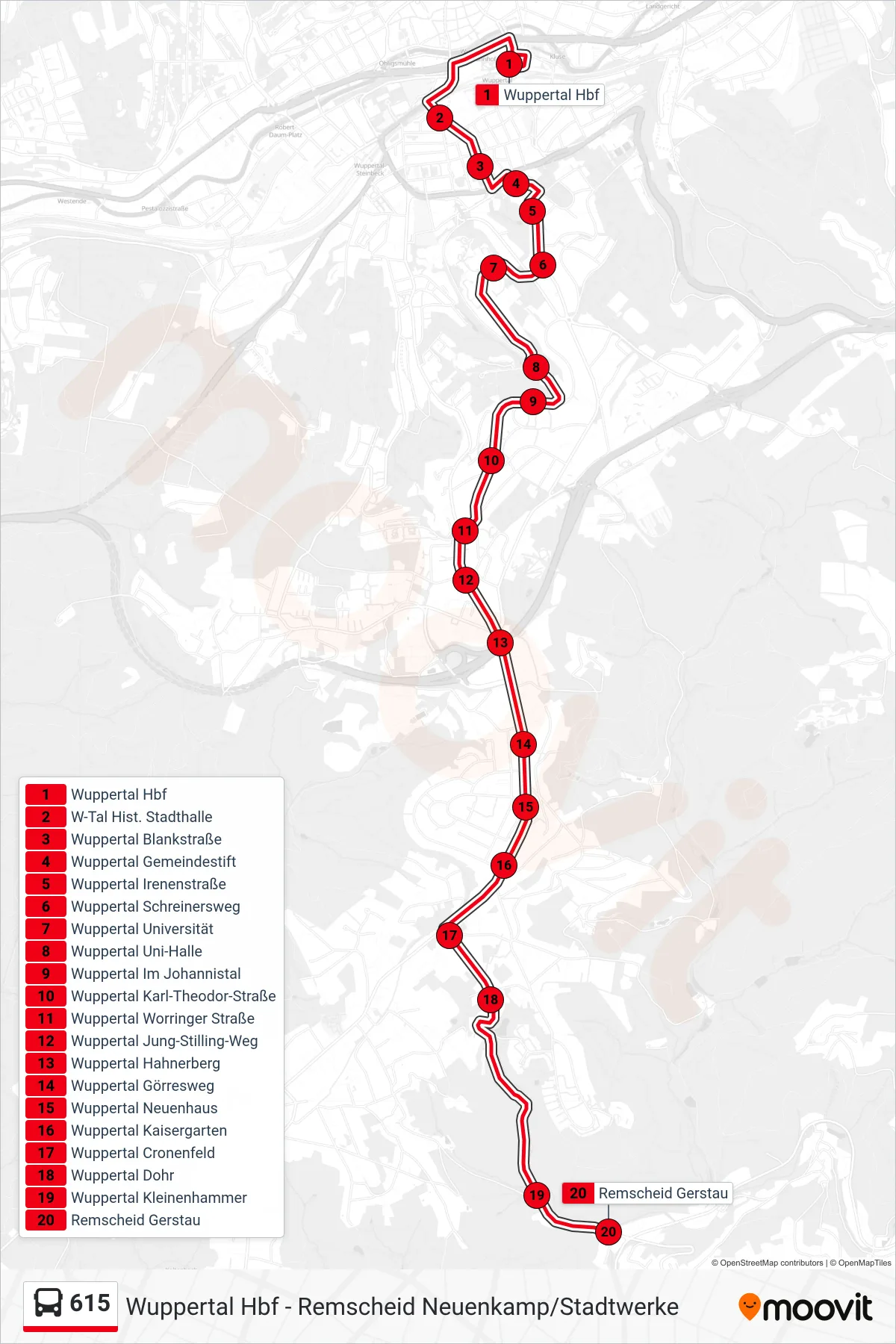 615 bus Line (Remscheid Gerstau) route and stops on a map