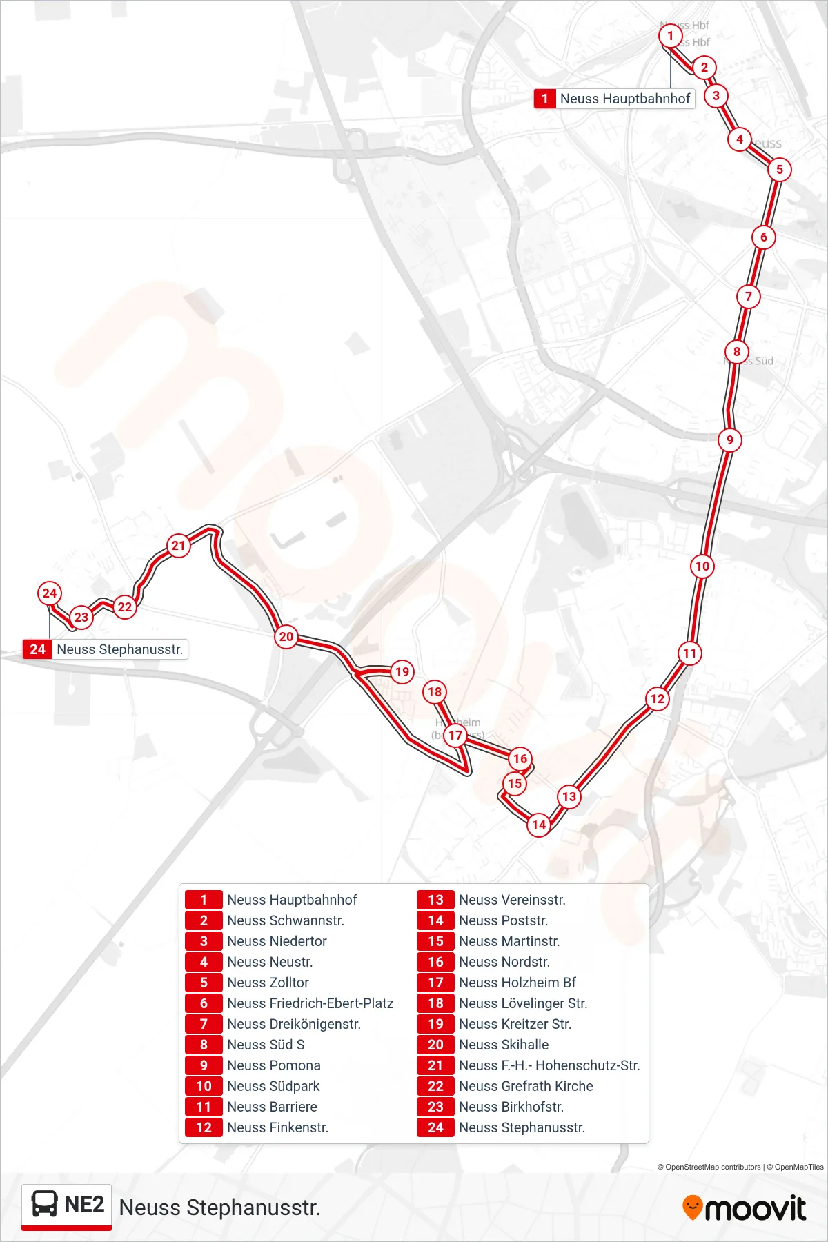 Linie NE2 (Bus) Richtung Neuss Stephanusstr.: Route und Haltestellen auf der Karte