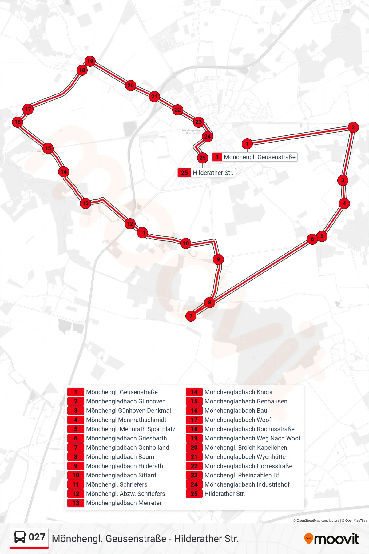 Linie 027 (Bus) Richtung Hilderather Str.: Route und Haltestellen auf der Karte